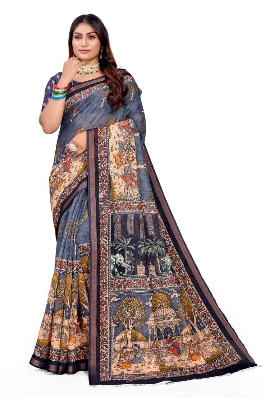     			kiyan enterprise Linen Printed Regular Saree With Unstitched Blouse Piece ( Navy Blue )