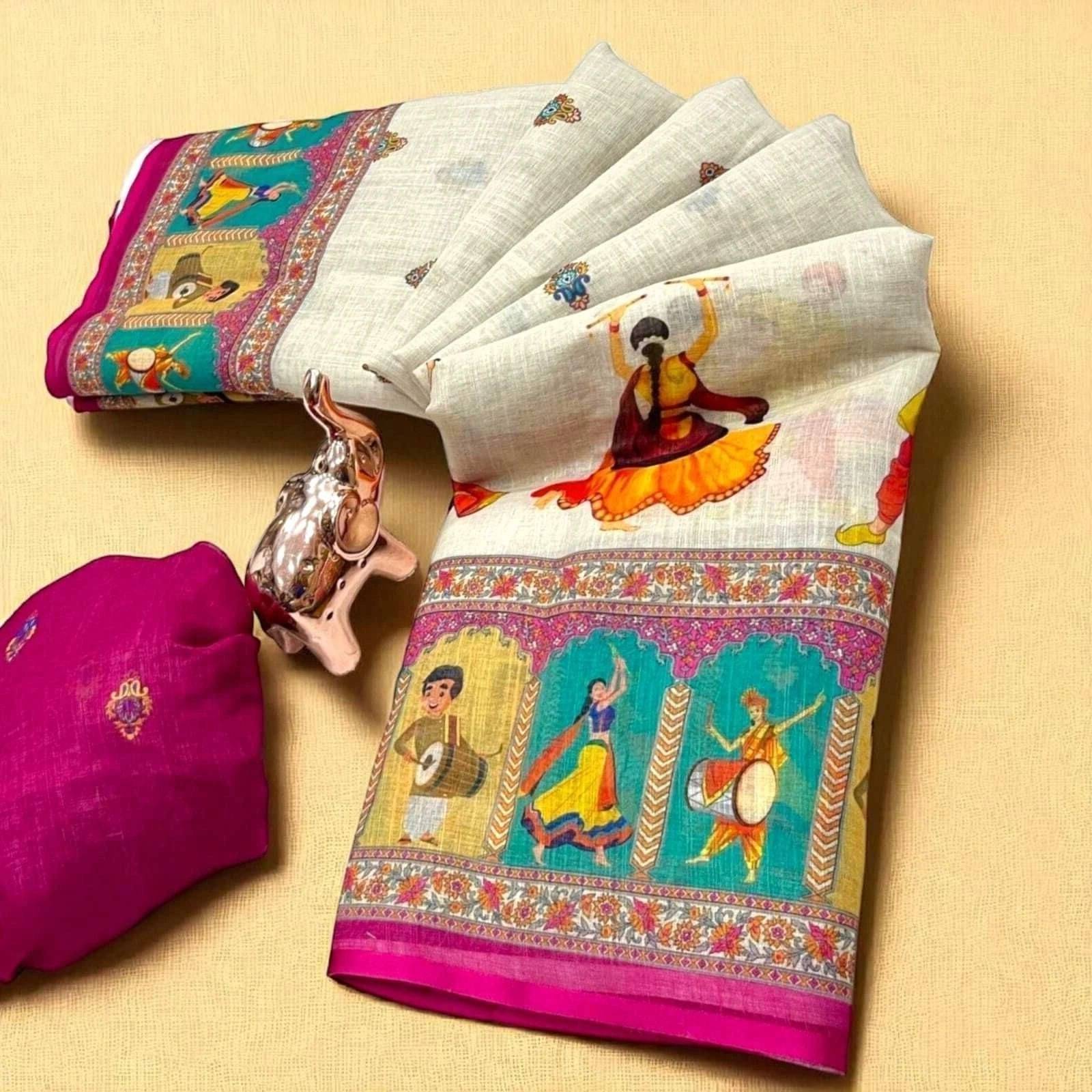     			kiyan enterprise Linen Printed Regular Saree With Unstitched Blouse Piece ( Cream )