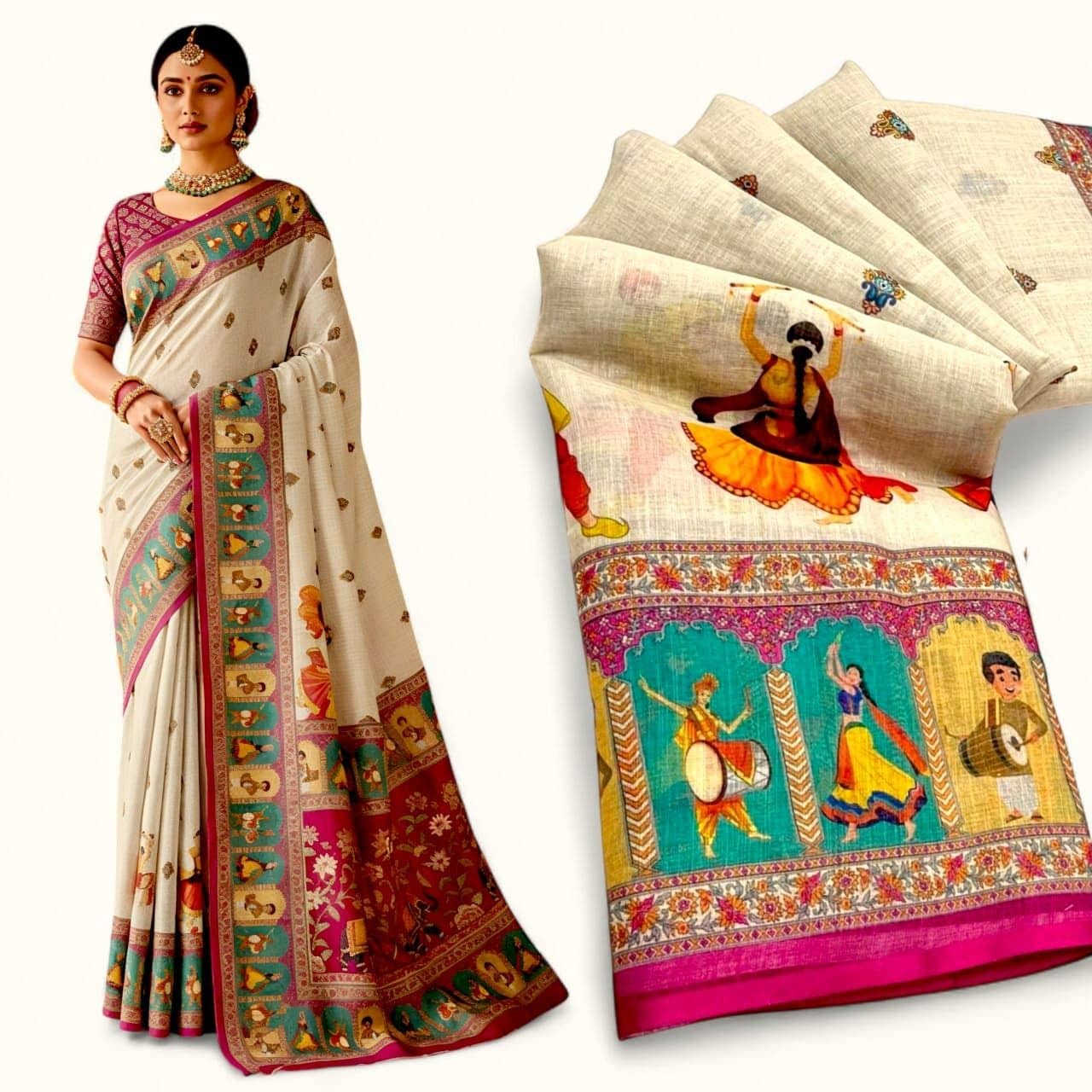 kiyan enterprise Linen Woven Regular Saree With Unstitched Blouse Piece ( Beige ) - Sarees | Buy online on ZillyBuy