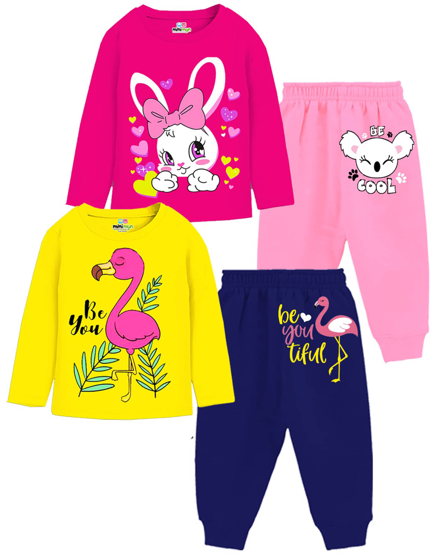    			MINI MYN Pack of 2 Girls Cotton T-shirt & Trackpants ( Yellow & Pink )