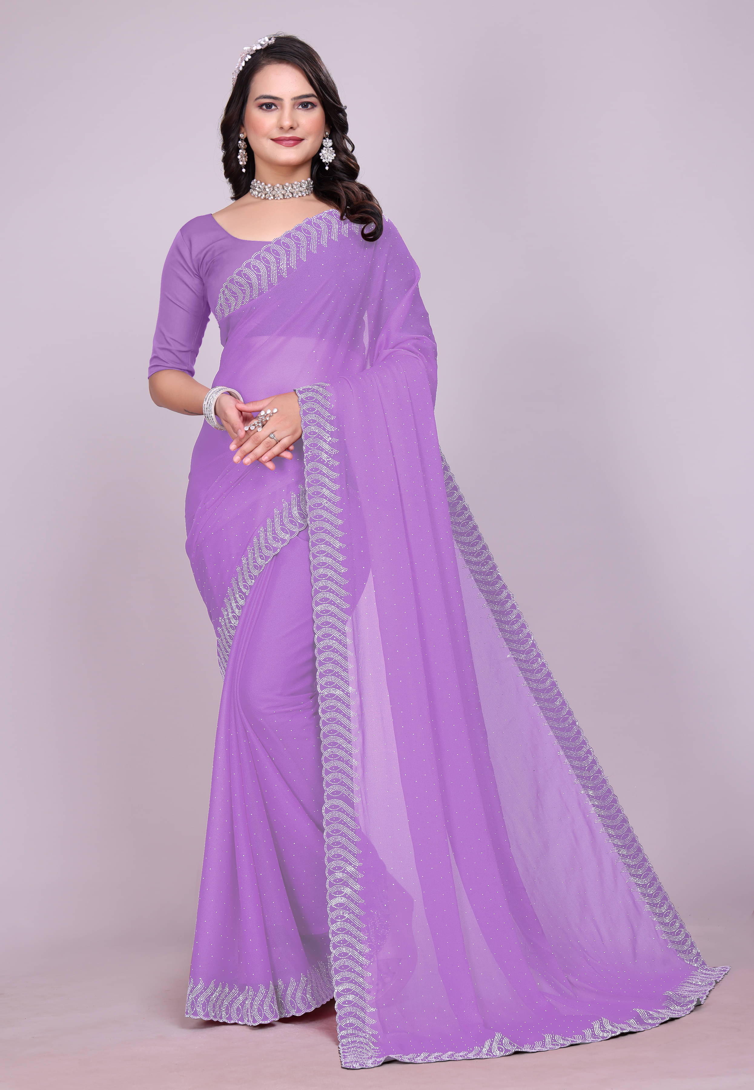     			NIVLTA DESIGNER Georgette Printed Regular Saree With Unstitched Blouse Piece ( Purple )