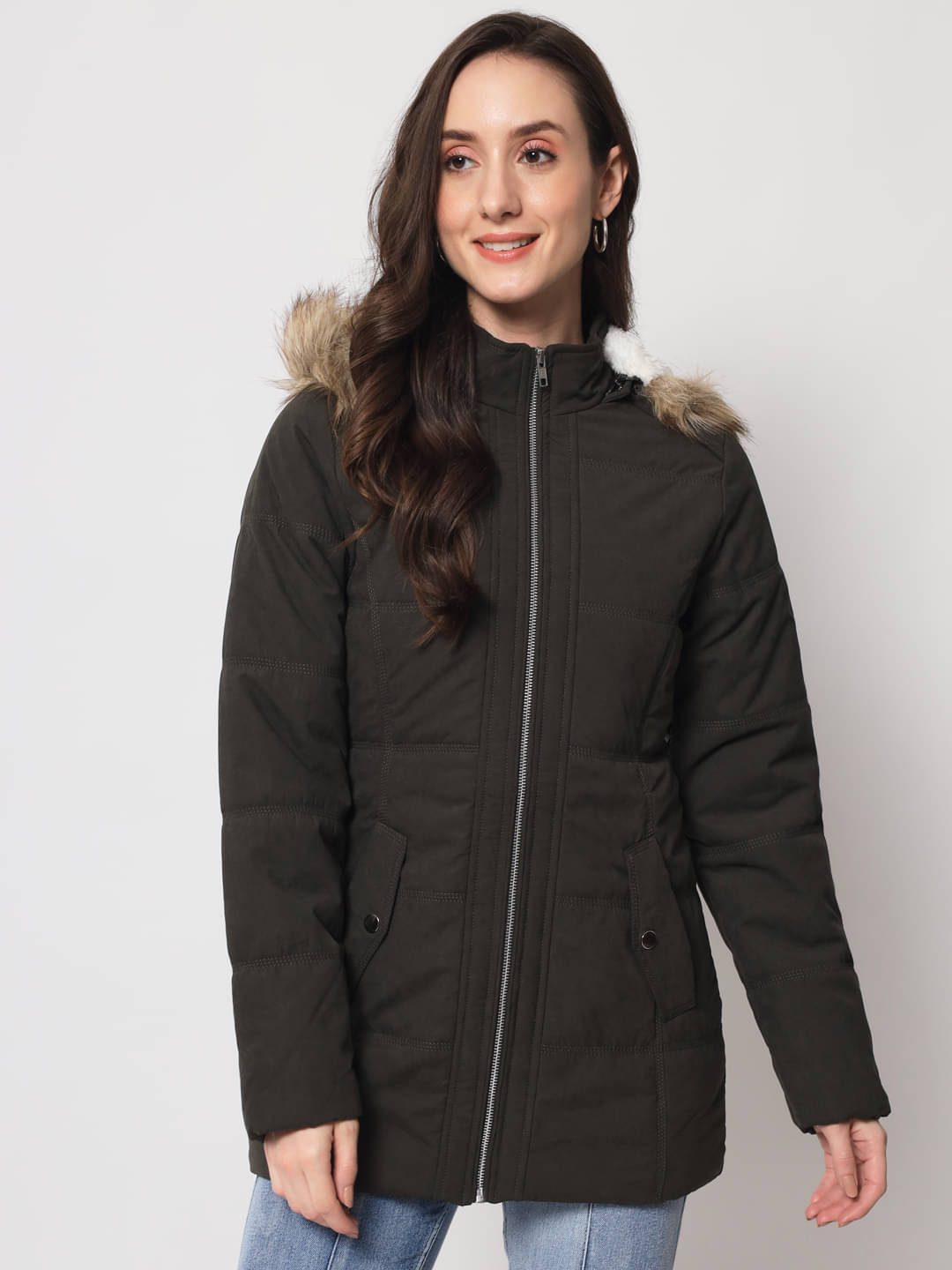     			Trufit Women High Neck Quilted Jacket ( Olive )