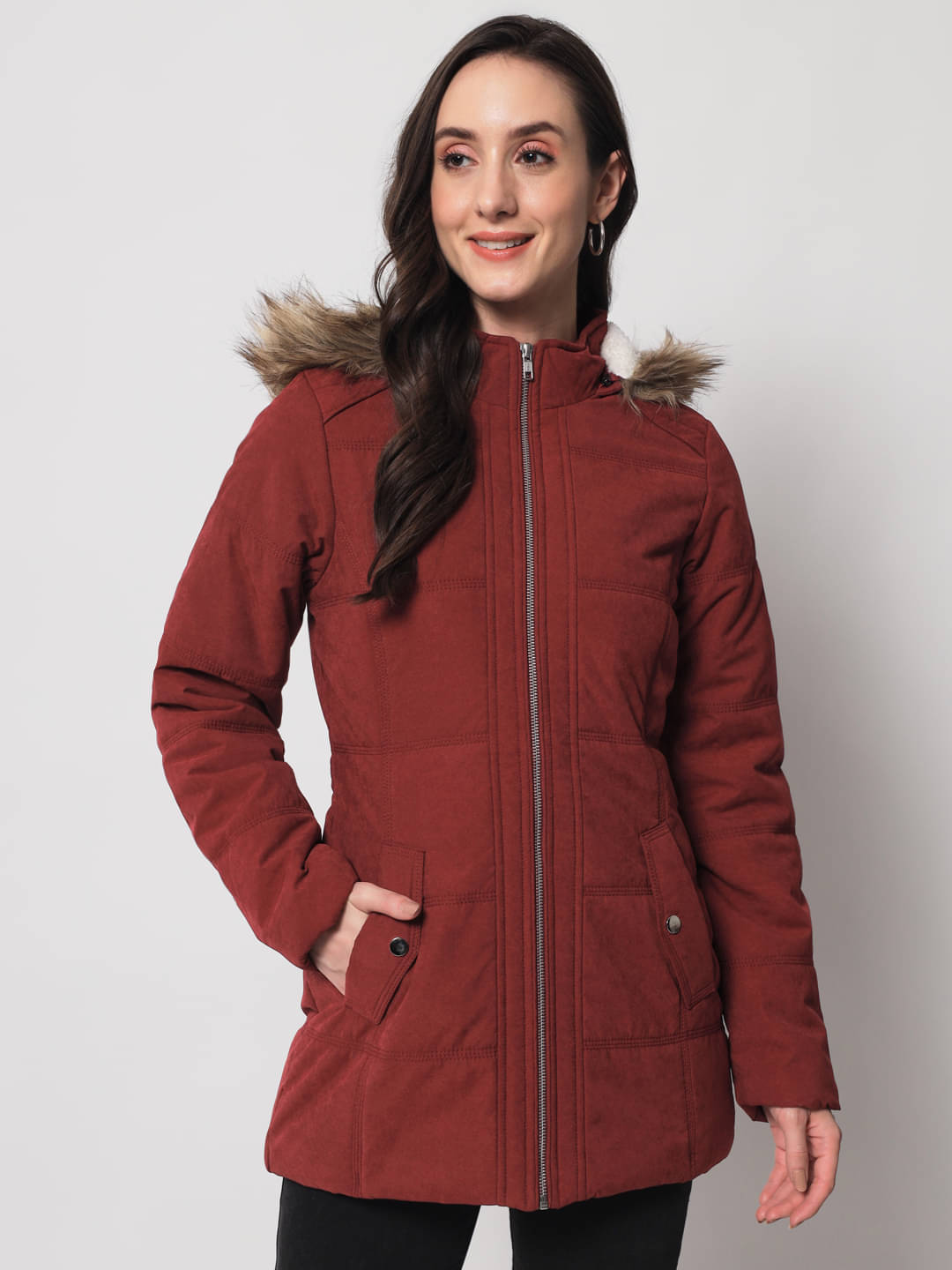     			Trufit Women High Neck Quilted Jacket ( Maroon )