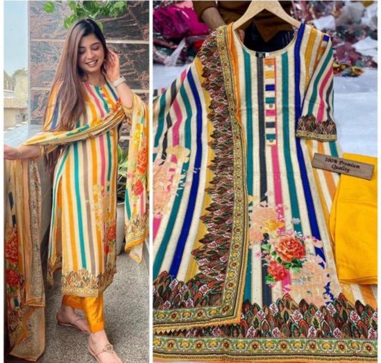     			ANKHIR ERA Women Rayon Embroidered A-line Kurti With Pants ( Yellow )