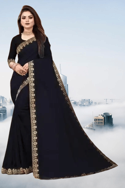 JILUDI Georgette Solid Regular Saree With Unstitched Blouse Piece ( Black ) - Sarees | Buy online on ZillyBuy