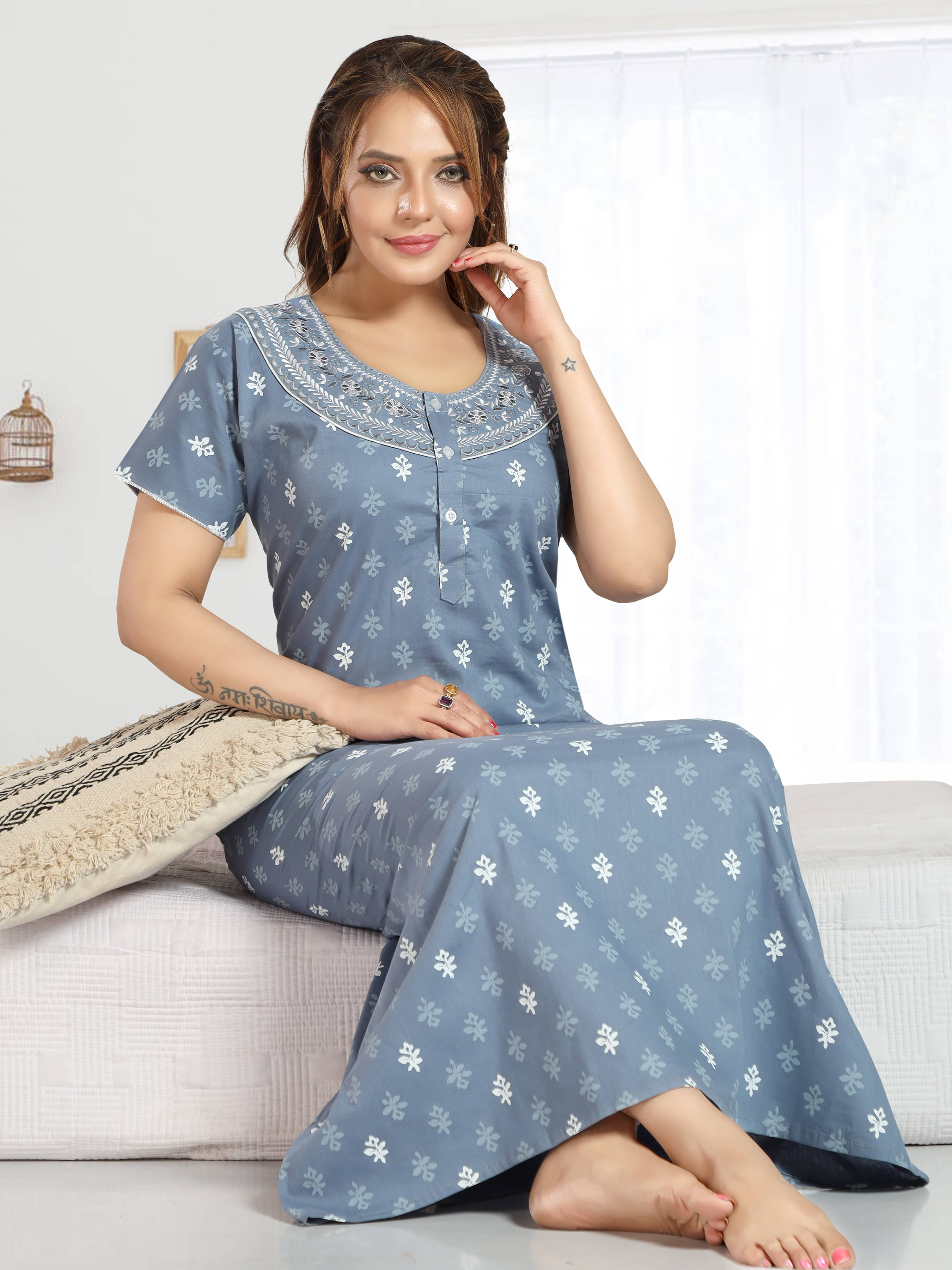    			Manushree Cotton Printed Women Regular Nighty ( Blue )