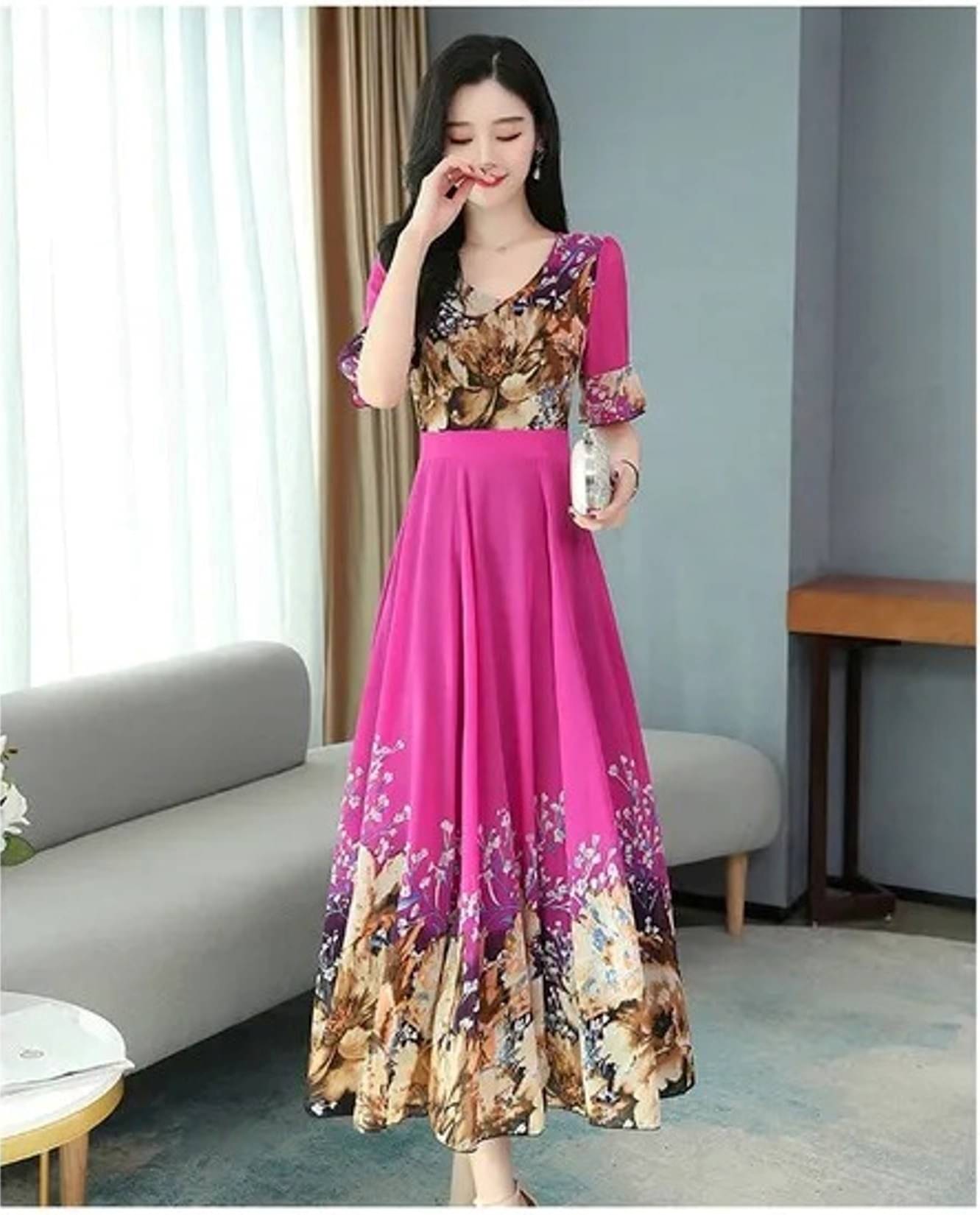 RAABTA FASHIION Women Georgette Printed Fit & Flare Dress ( Pink ) RAABTA FASHIION Women Georgette Printed Fit & Flare Dress ( Pink )