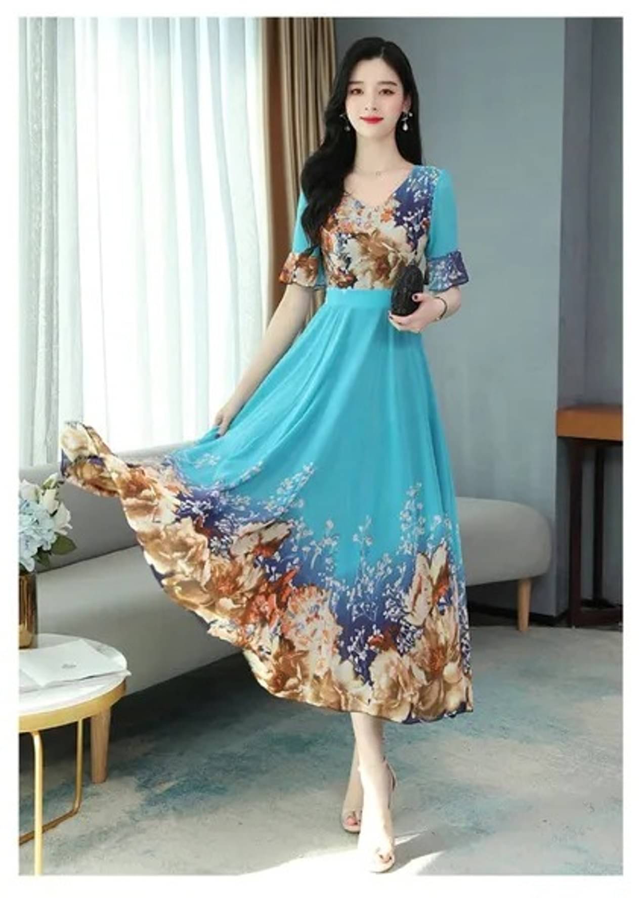 RAABTA FASHIION Women Georgette Printed Fit & Flare Dress ( Turquoise ) RAABTA FASHIION Women Georgette Printed Fit & Flare Dress ( Turquoise )