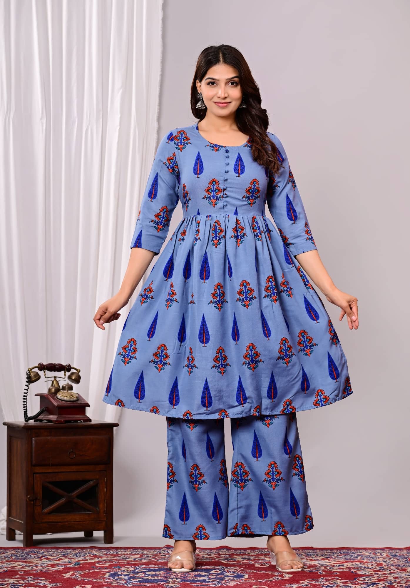 RAMBAAN CREATION Women Cotton Blend Printed Anarkali Kurti With Palazzo ( Blue )