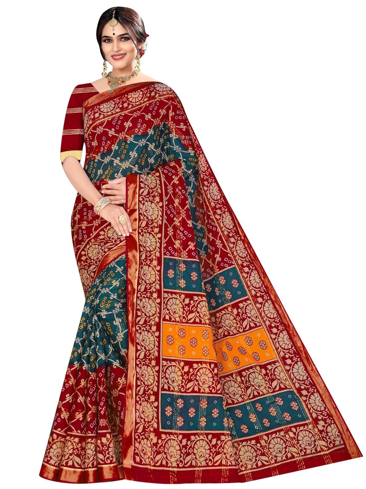     			Sarita Saree Cotton Printed Bandhani Sarees Without Blouse Piece ( Sea Green )