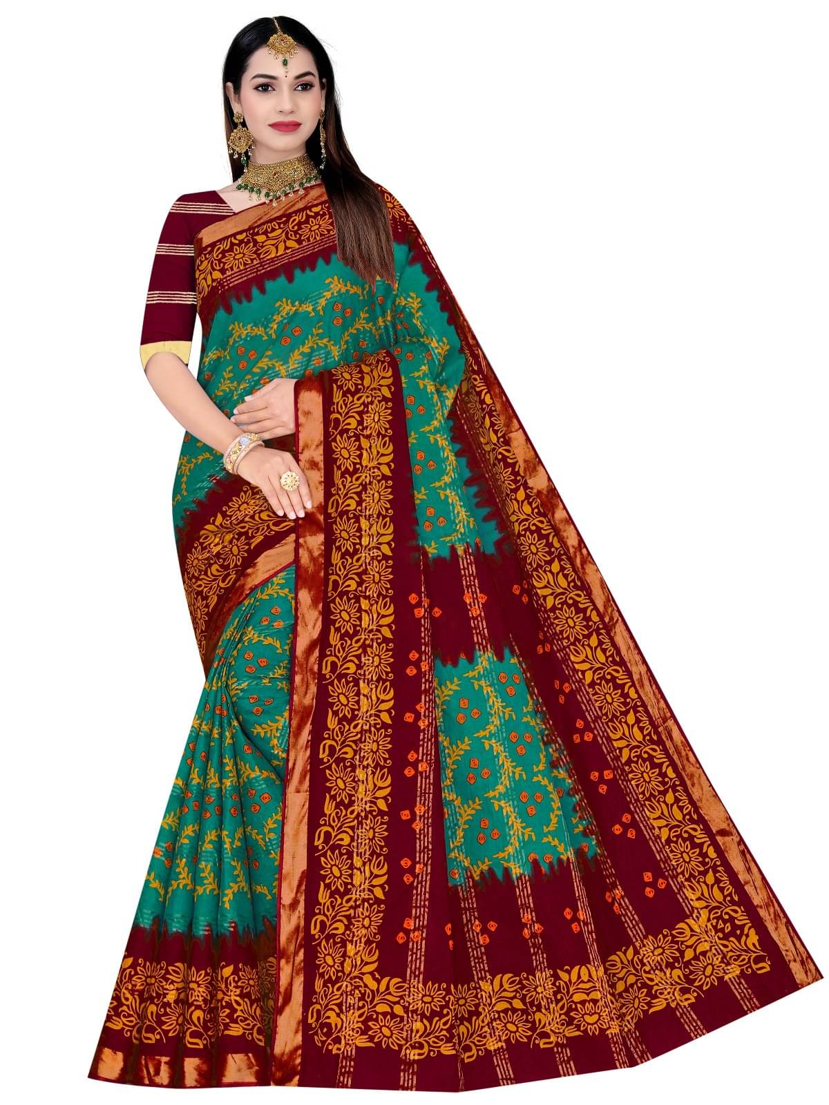     			Sarita Saree Cotton Printed Bandhani Sarees Without Blouse Piece ( Sea Green )