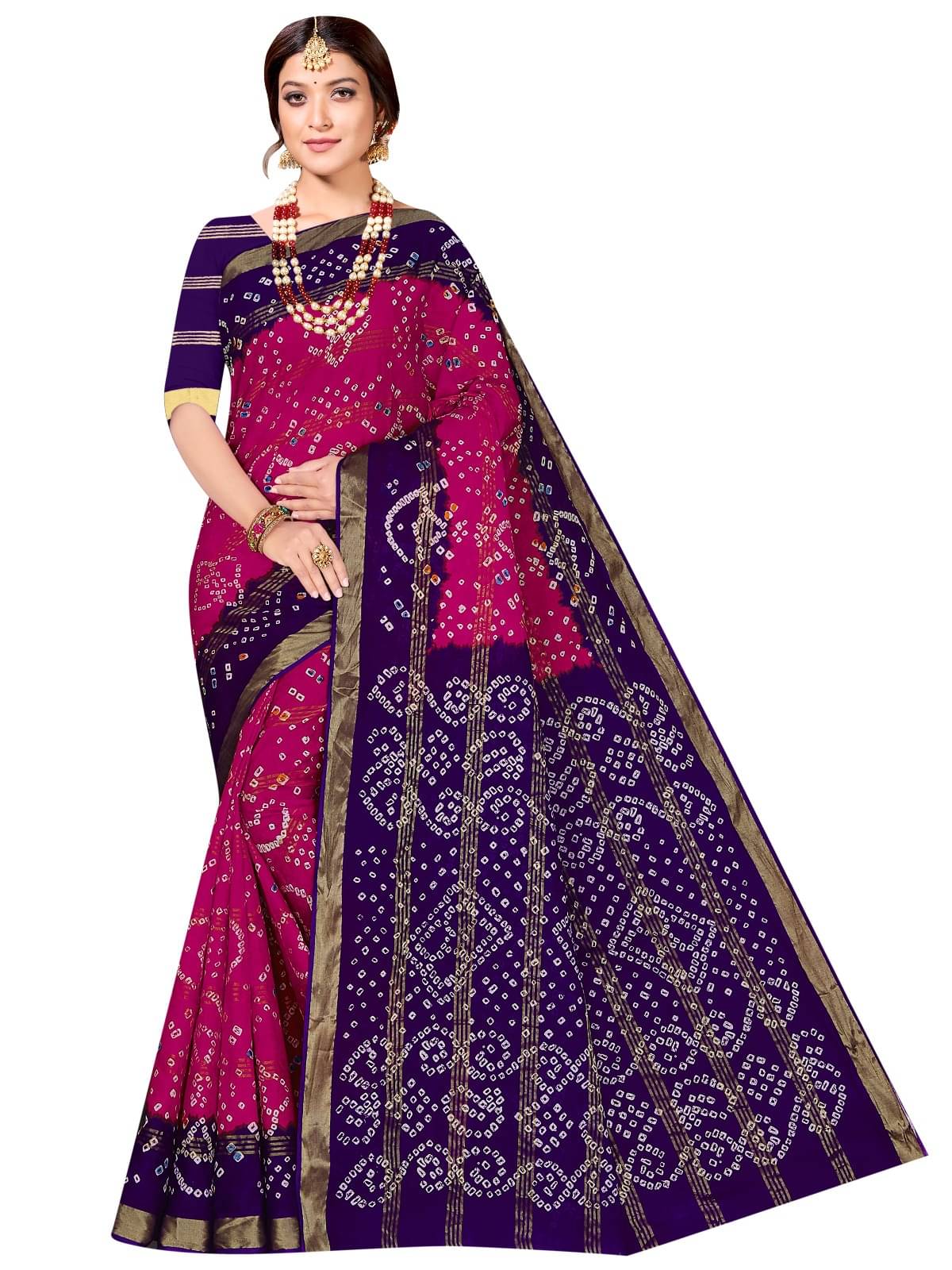     			Sarita Saree Cotton Printed Bandhani Sarees Without Blouse Piece ( Pink )