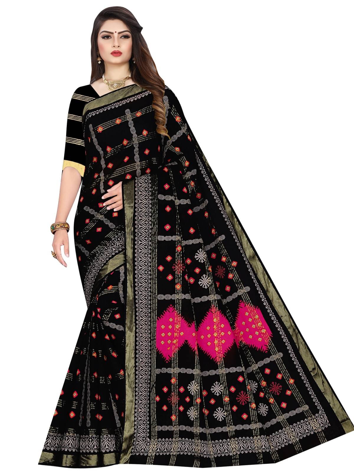     			Sarita Saree Cotton Printed Bandhani Sarees Without Blouse Piece ( Black )