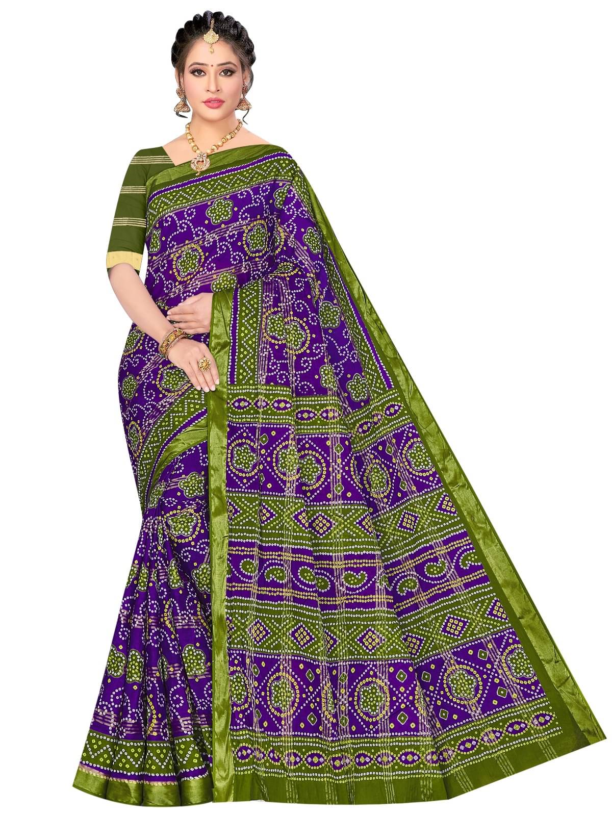     			Sarita Saree Cotton Printed Bandhani Sarees Without Blouse Piece ( Purple )