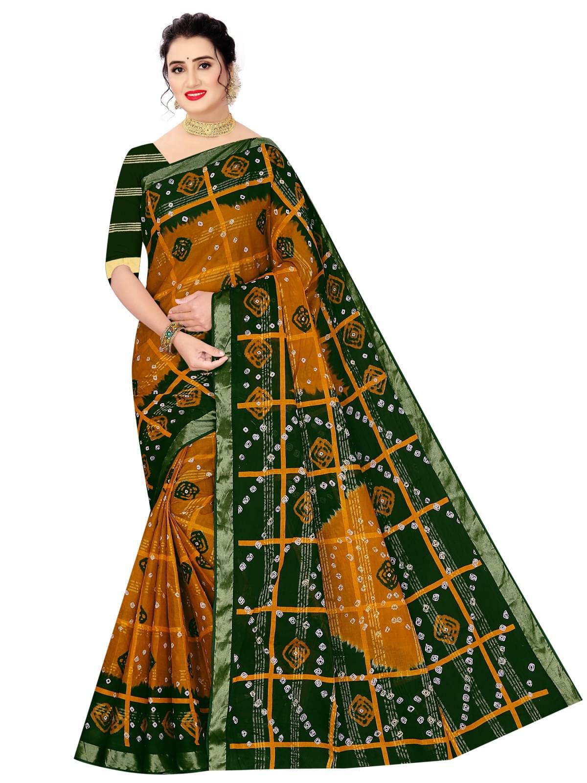     			Sarita Saree Cotton Printed Bandhani Sarees Without Blouse Piece ( Mustard )