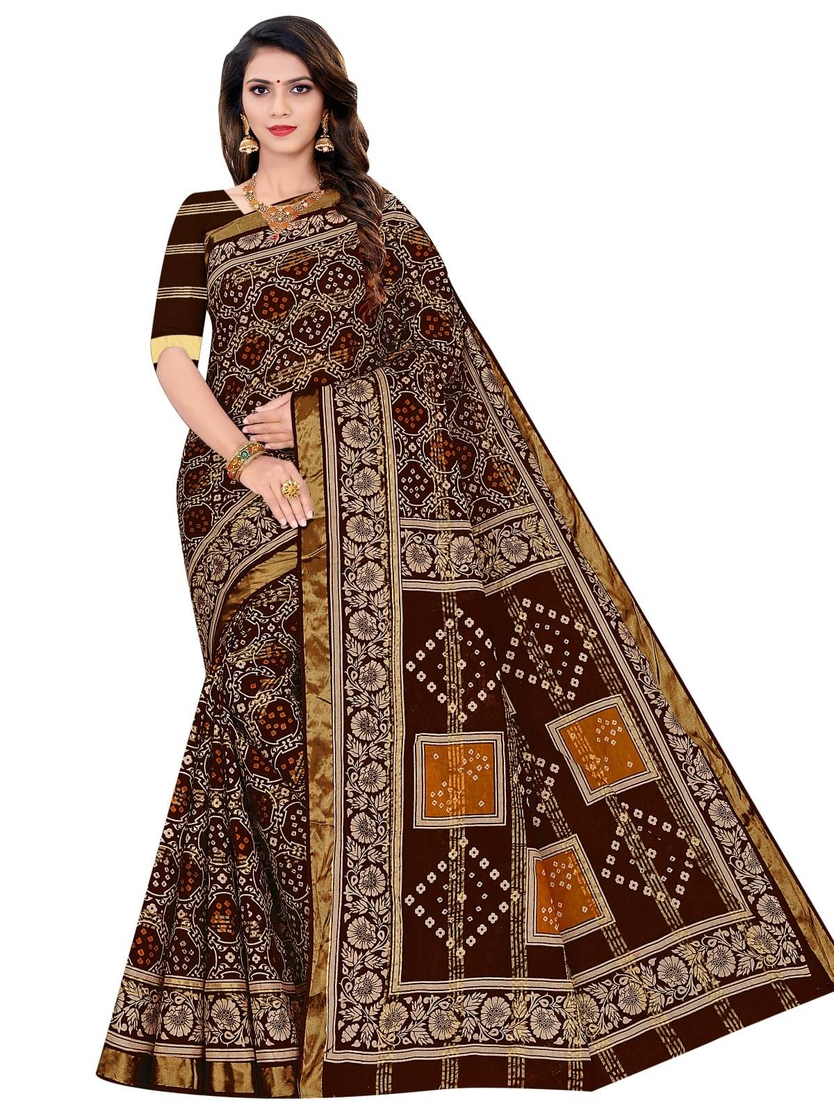     			Sarita Saree Cotton Printed Bandhani Sarees Without Blouse Piece ( Coffee )