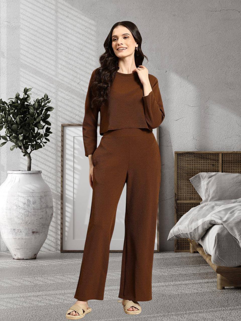 WESTCLIFF.CO Women Solid T-Shirt With Trousers Co-Ord Set ( Brown ) WESTCLIFF.CO Women Solid T-Shirt With Trousers Co-Ord Set ( Brown )