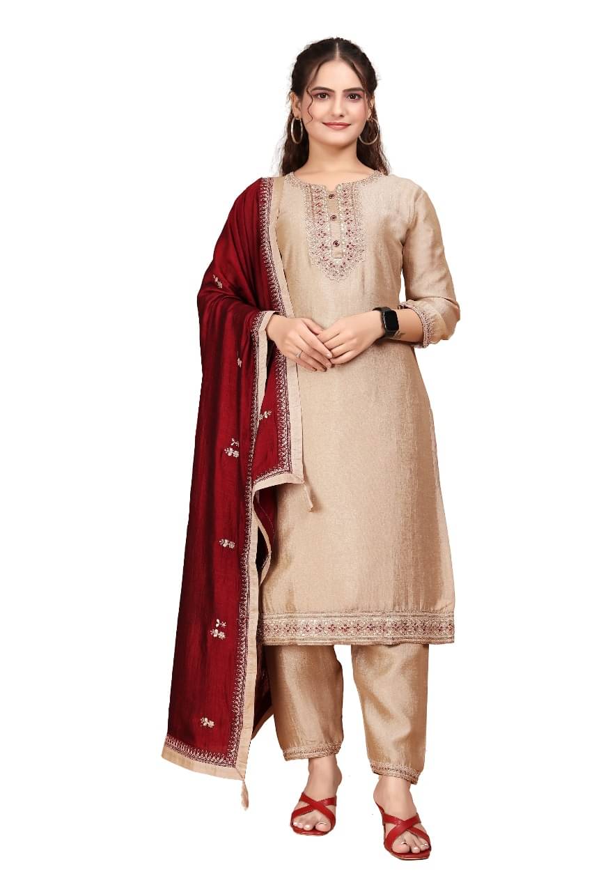 reldor Women Silk Blend Embroidered A-line Kurti With Patiala Salwar ( Beige ) reldor Women Silk Blend Embroidered A-line Kurti With Patiala Salwar ( Beige )