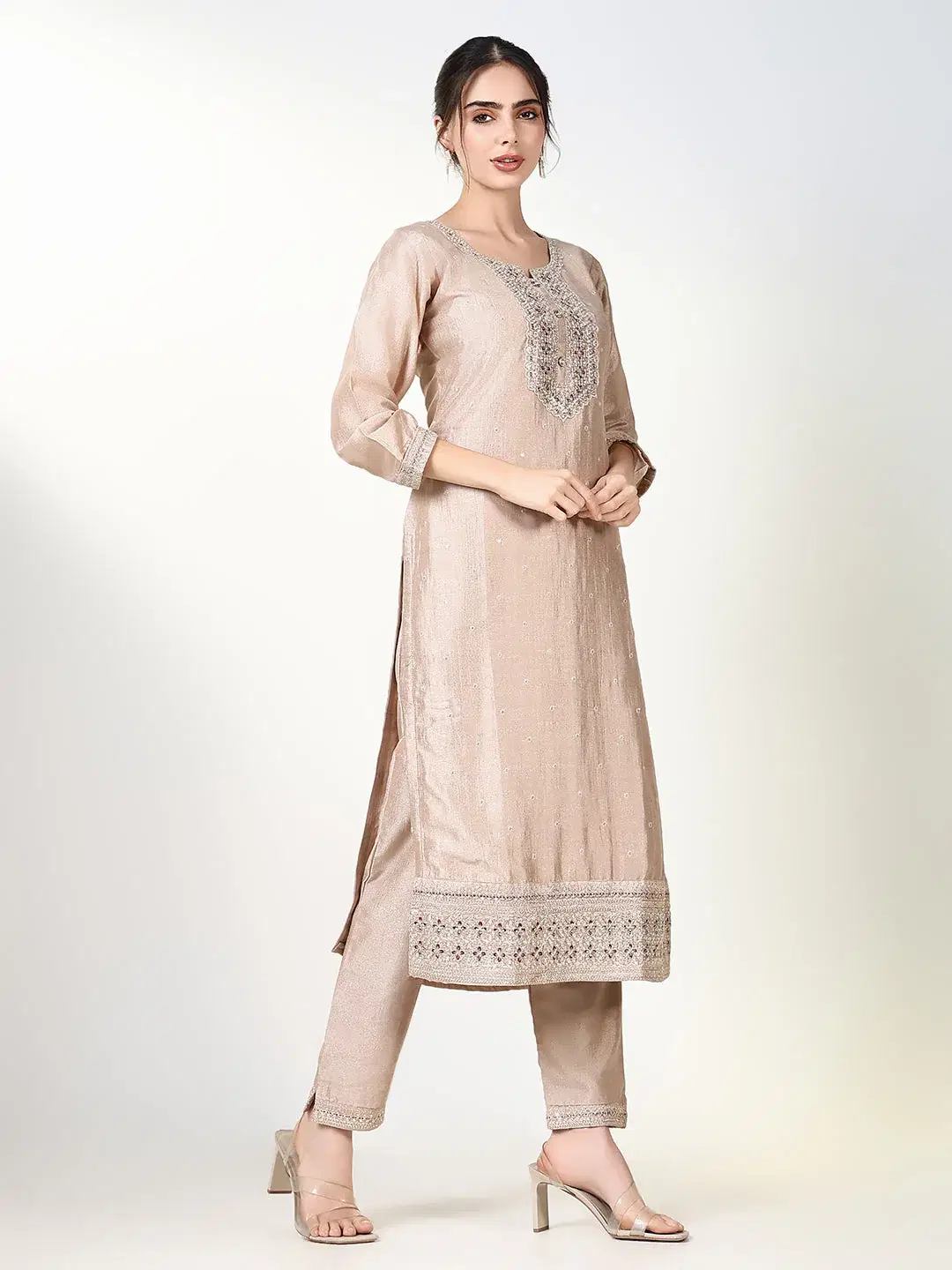 reldor Women Silk Blend Embroidered A-line Kurti With Pants ( Beige ) reldor Women Silk Blend Embroidered A-line Kurti With Pants ( Beige )
