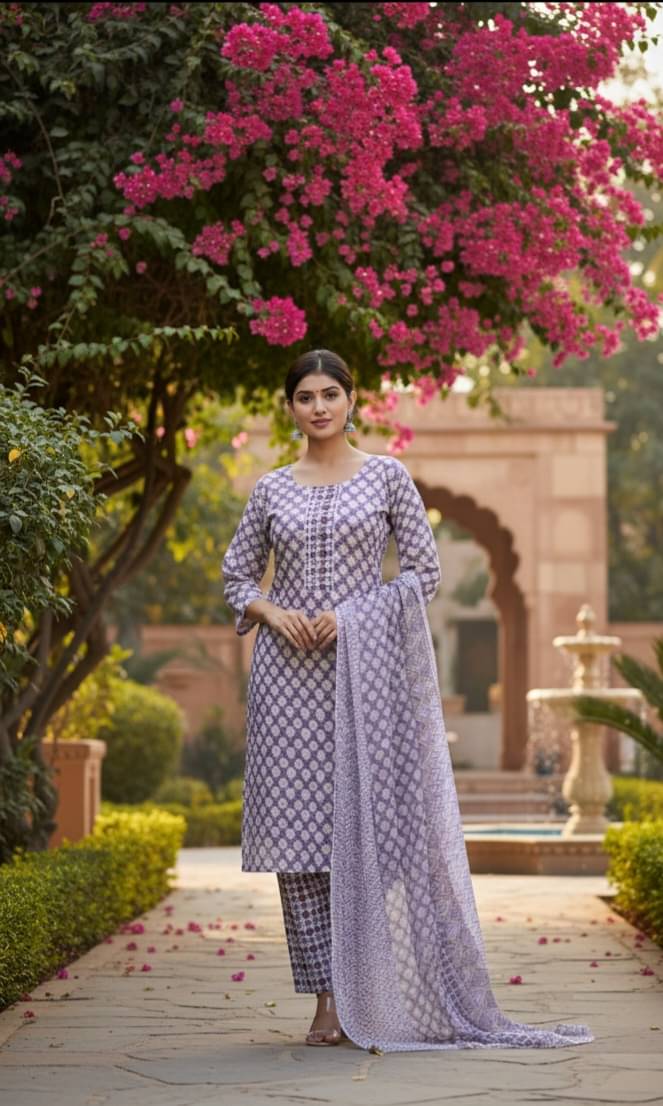     			Blue Star Women Cotton Printed Straight Kurti With Pants ( Purple )