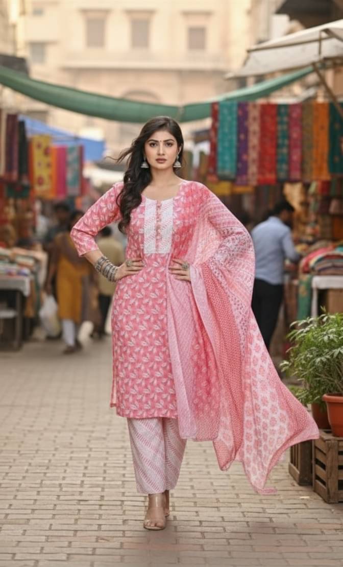     			Blue Star Women Cotton Printed Straight Kurti With Salwar ( Pink )