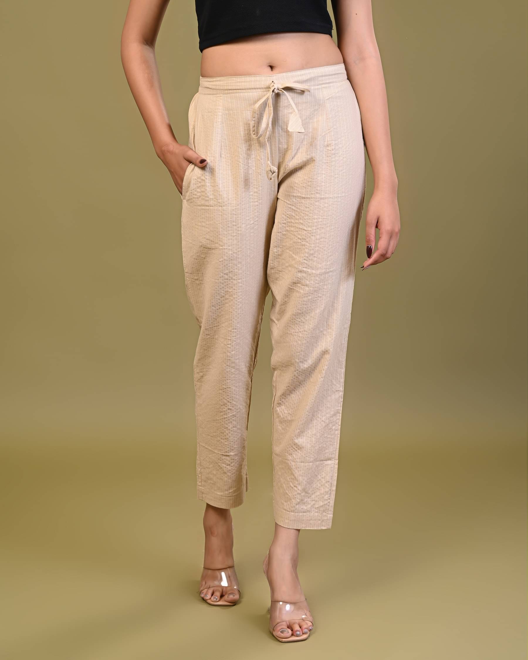     			KANNAHI Women Cotton Casual Trousers ( Beige )