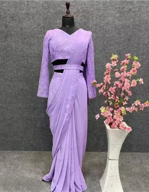 Pionex Chiffon Embroidered Regular Saree With Unstitched Blouse Piece ( Purple ) Pionex Chiffon Embroidered Regular Saree With Unstitched Blouse Piece ( Purple )