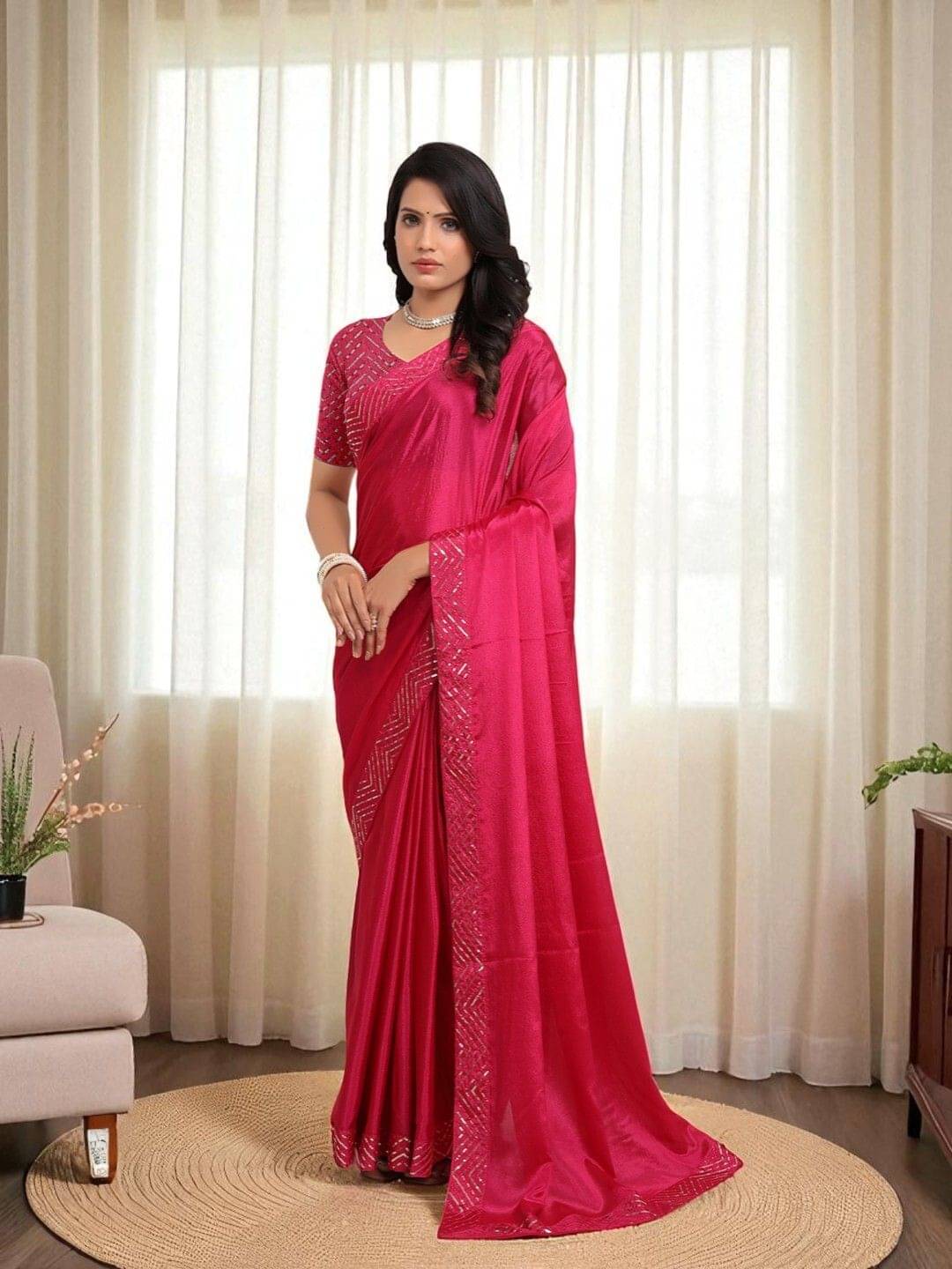 Pionex Chiffon Embroidered Regular Saree With Unstitched Blouse Piece ( Pink ) Pionex Chiffon Embroidered Regular Saree With Unstitched Blouse Piece ( Pink )
