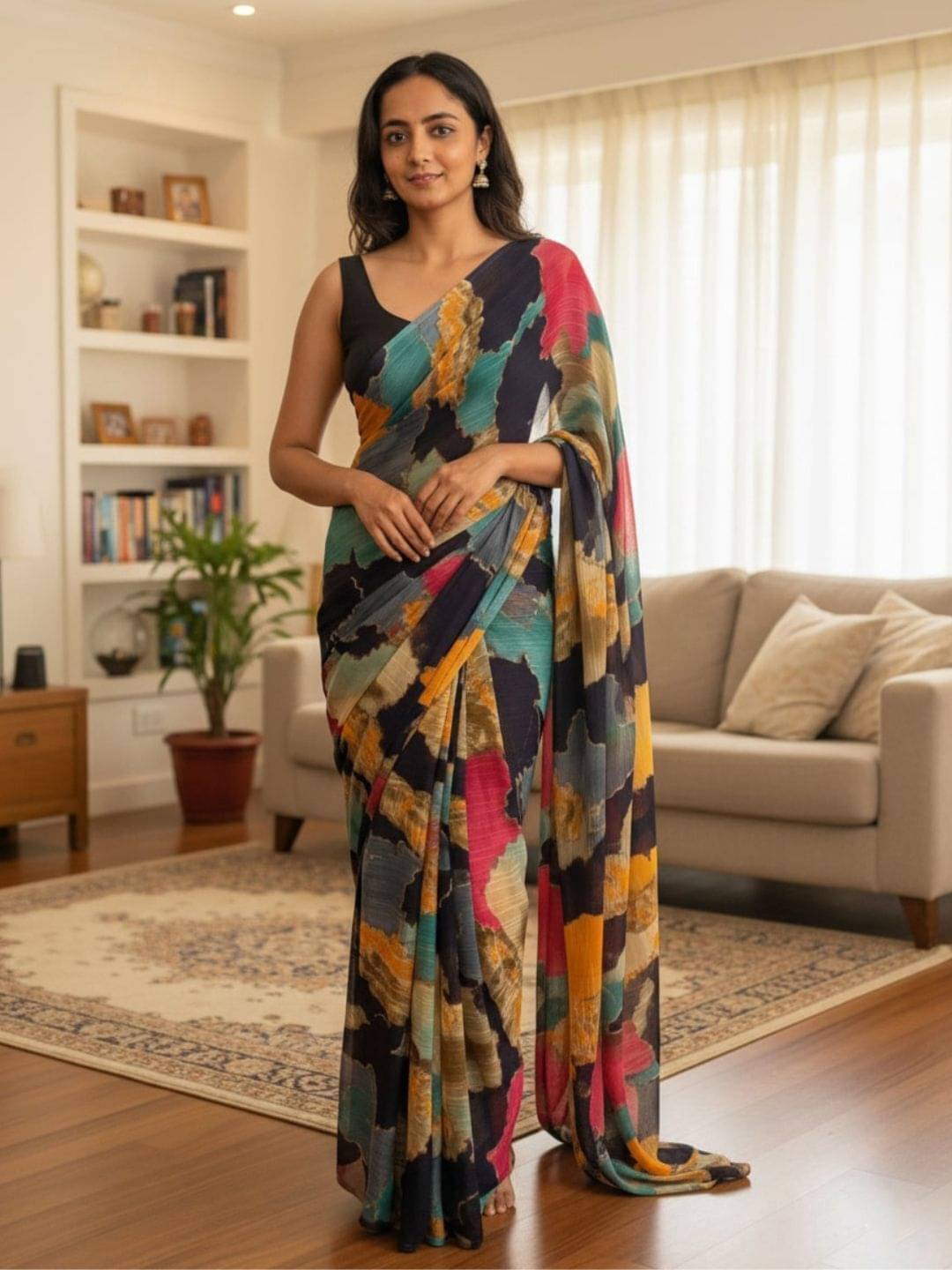     			Pionex Chiffon Printed Regular Saree With Unstitched Blouse Piece ( Multicolor )