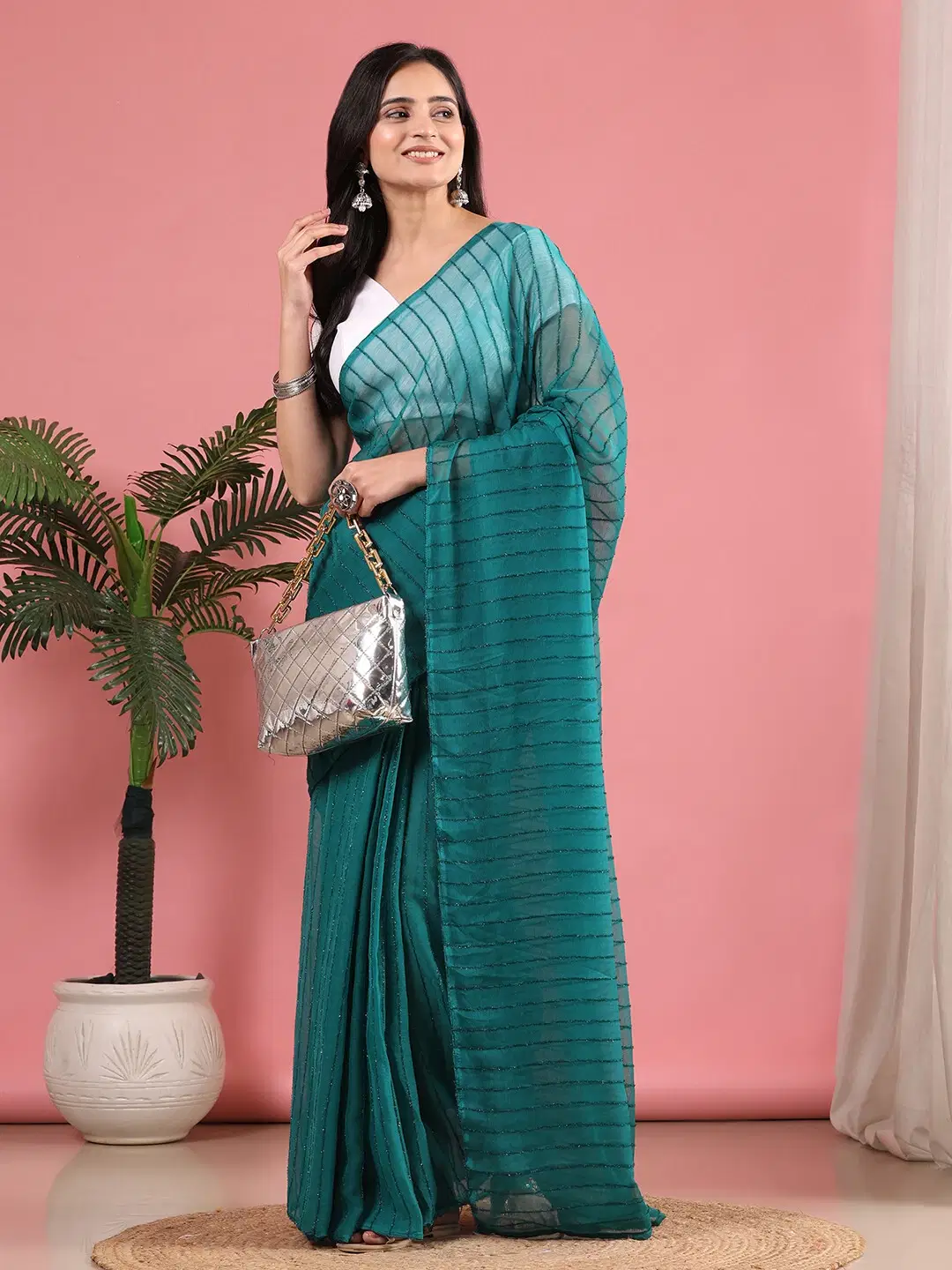     			Pionex Chiffon Self Design Banarasi saree With Unstitched Blouse Piece ( Blue )