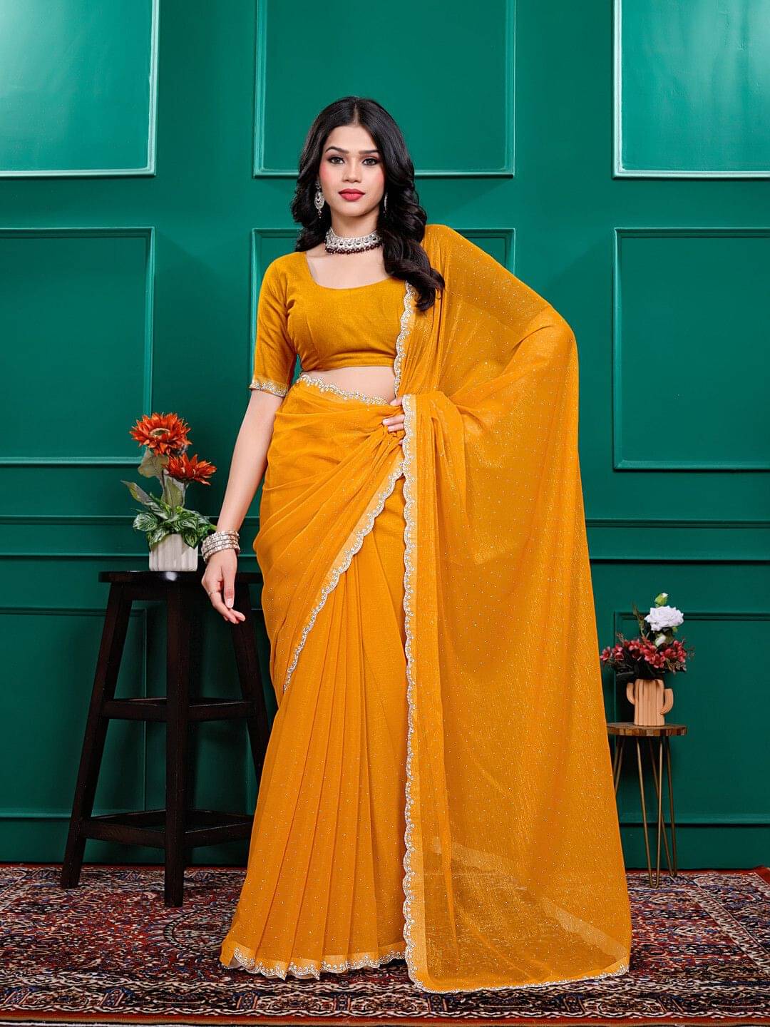    			Pionex Chiffon Solid Regular Saree With Unstitched Blouse Piece ( Yellow )