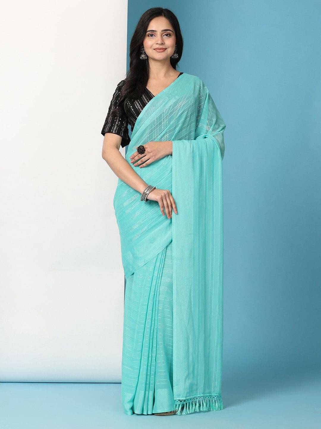     			Pionex Chiffon Striped Banarasi saree With Stitched Blouse ( Light Blue )