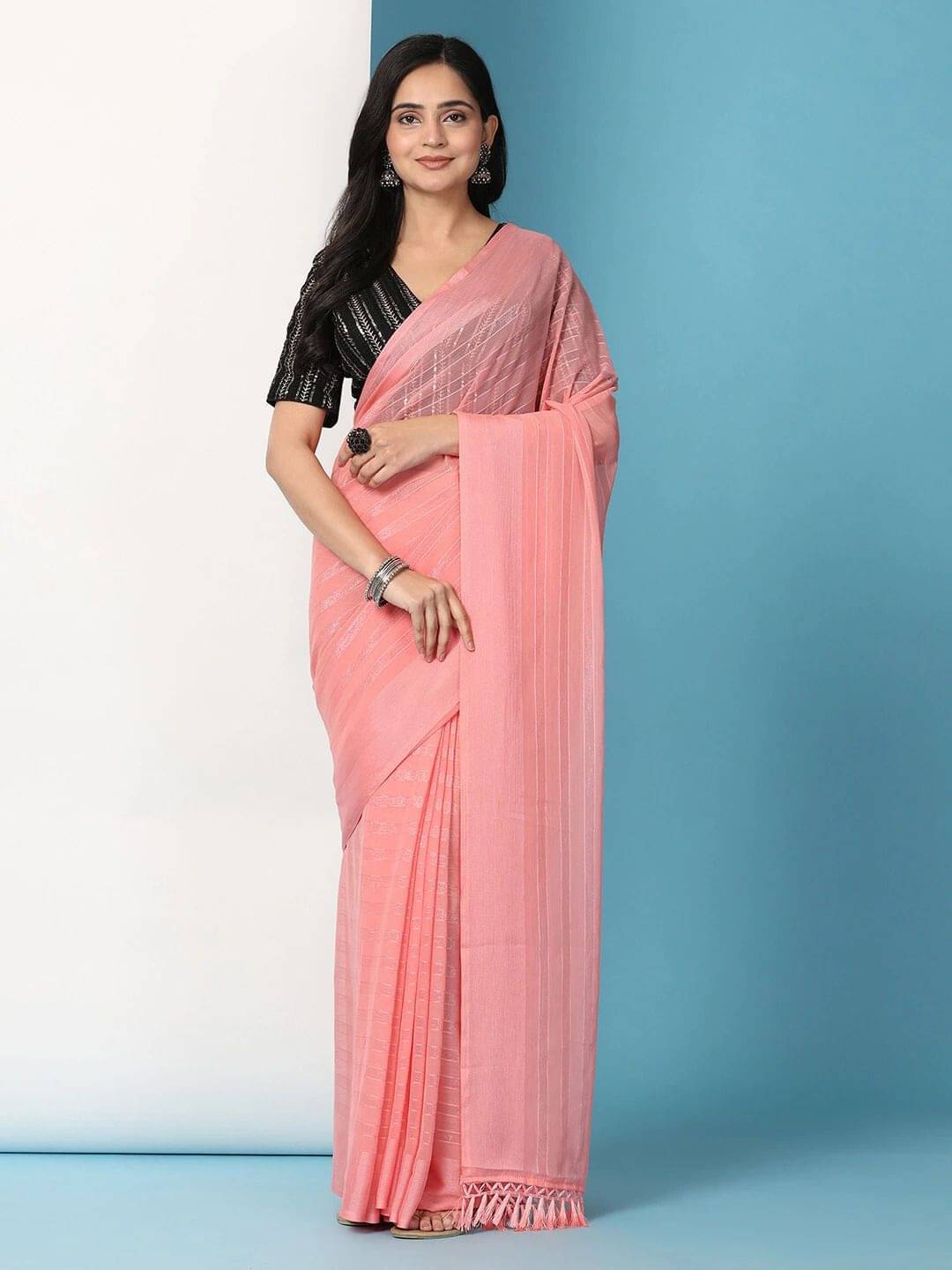     			Pionex Chiffon Striped Banarasi saree With Stitched Blouse ( Orange )