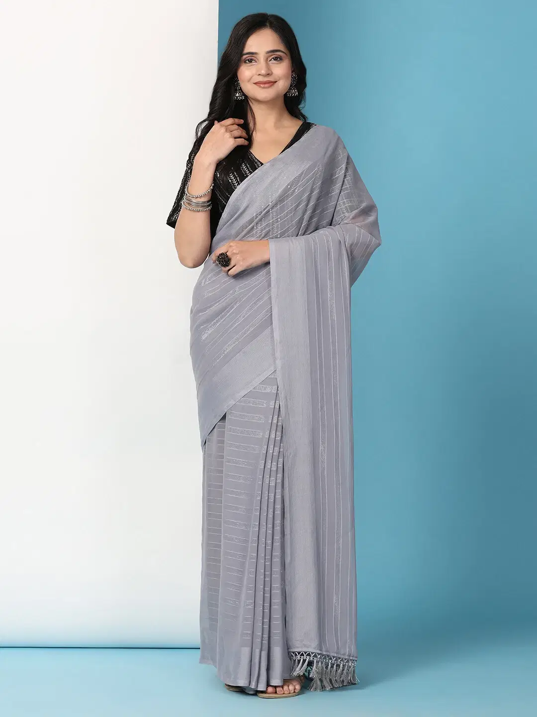     			Pionex Chiffon Striped Banarasi saree With Stitched Blouse ( Grey )