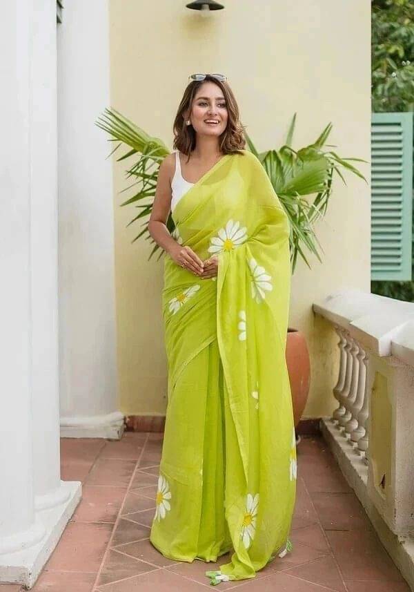     			Pionex Cotton Printed Regular Saree With Unstitched Blouse Piece ( Light Green )