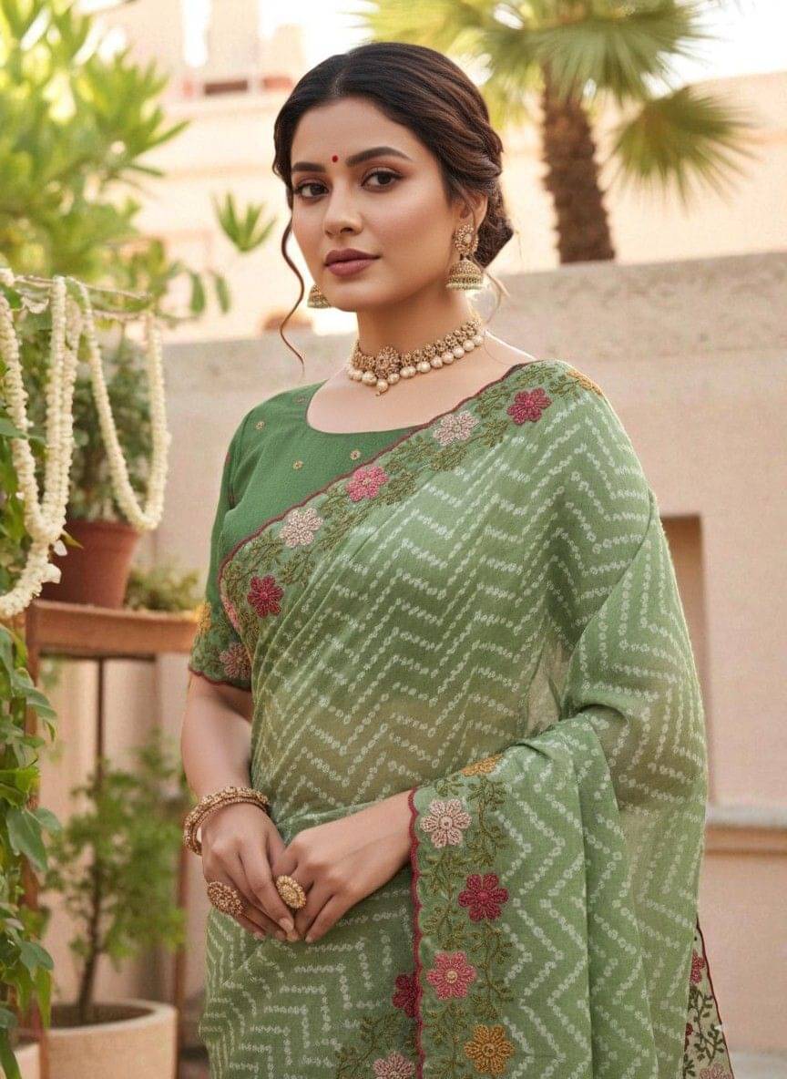    			Pionex Cotton Silk Embroidered Bandhani Sarees With Unstitched Blouse Piece ( Green )