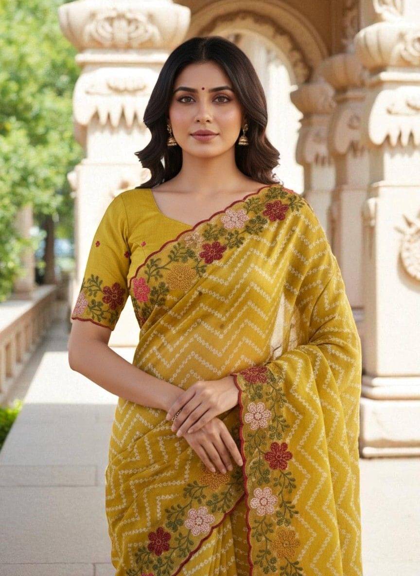     			Pionex Cotton Silk Embroidered Bandhani Sarees With Unstitched Blouse Piece ( Yellow )