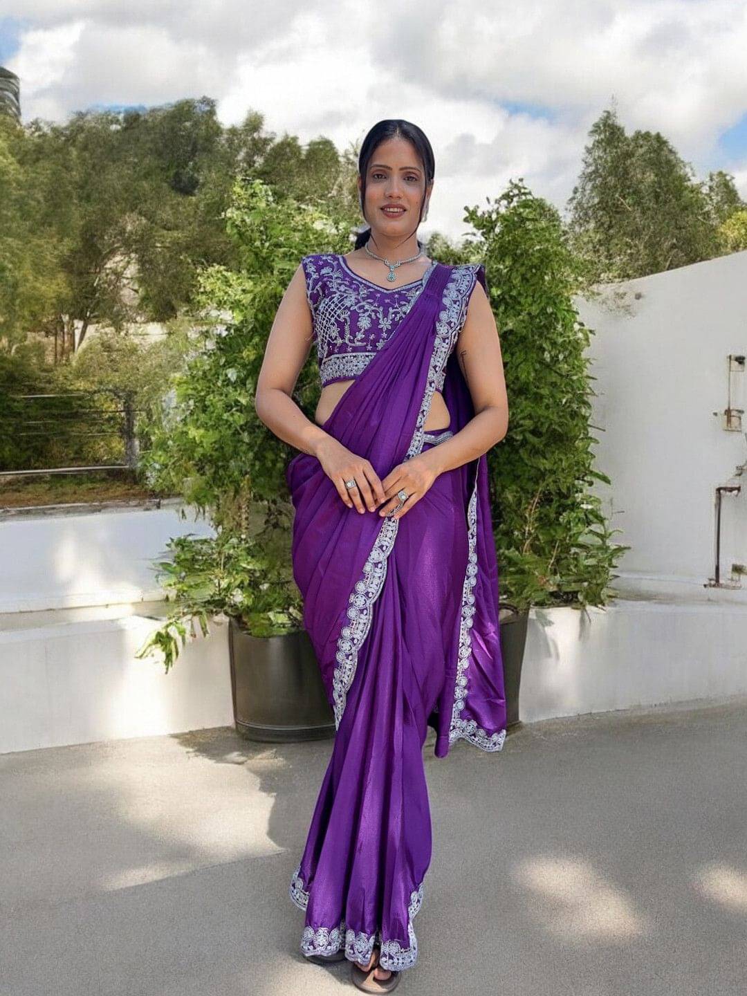 Pionex Cotton Silk Embroidered Regular Saree With Stitched Blouse ( Purple ) Pionex Cotton Silk Embroidered Regular Saree With Stitched Blouse ( Purple )