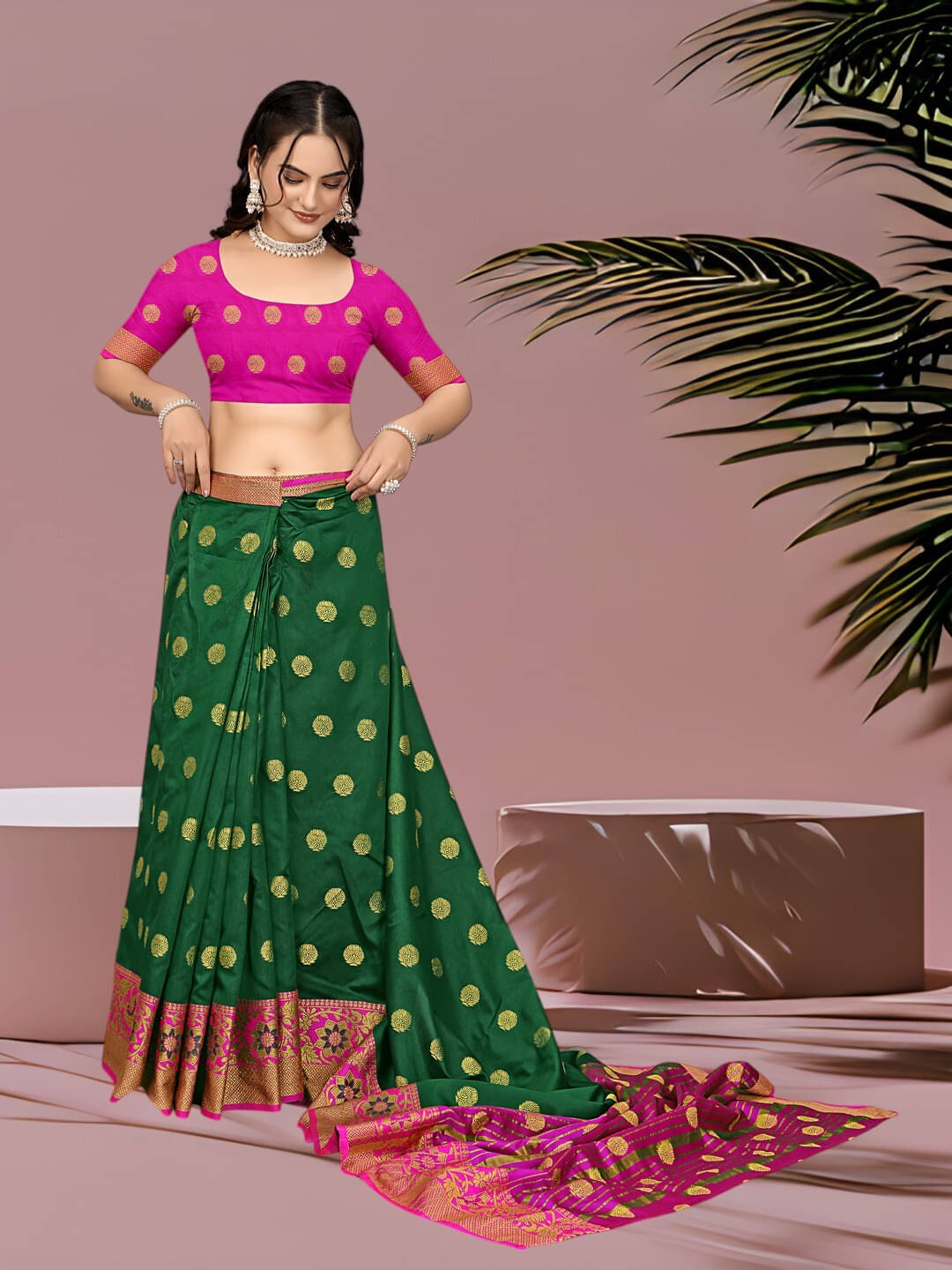 Pionex Cotton Silk Printed Banarasi saree With Unstitched Blouse Piece ( Green ) Pionex Cotton Silk Printed Banarasi saree With Unstitched Blouse Piece ( Green )