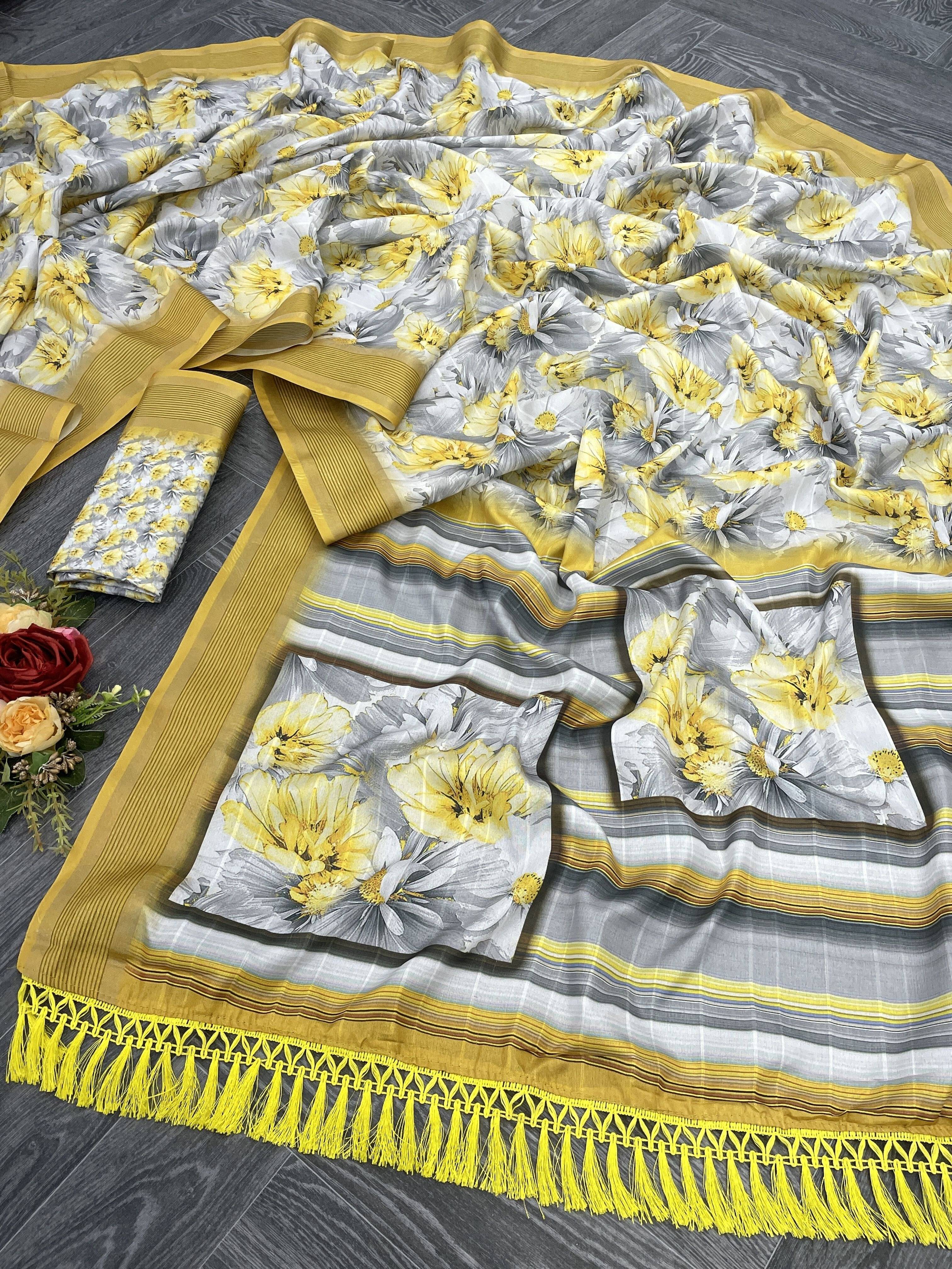     			Pionex Cotton Silk Printed Regular Saree With Unstitched Blouse Piece ( Yellow )