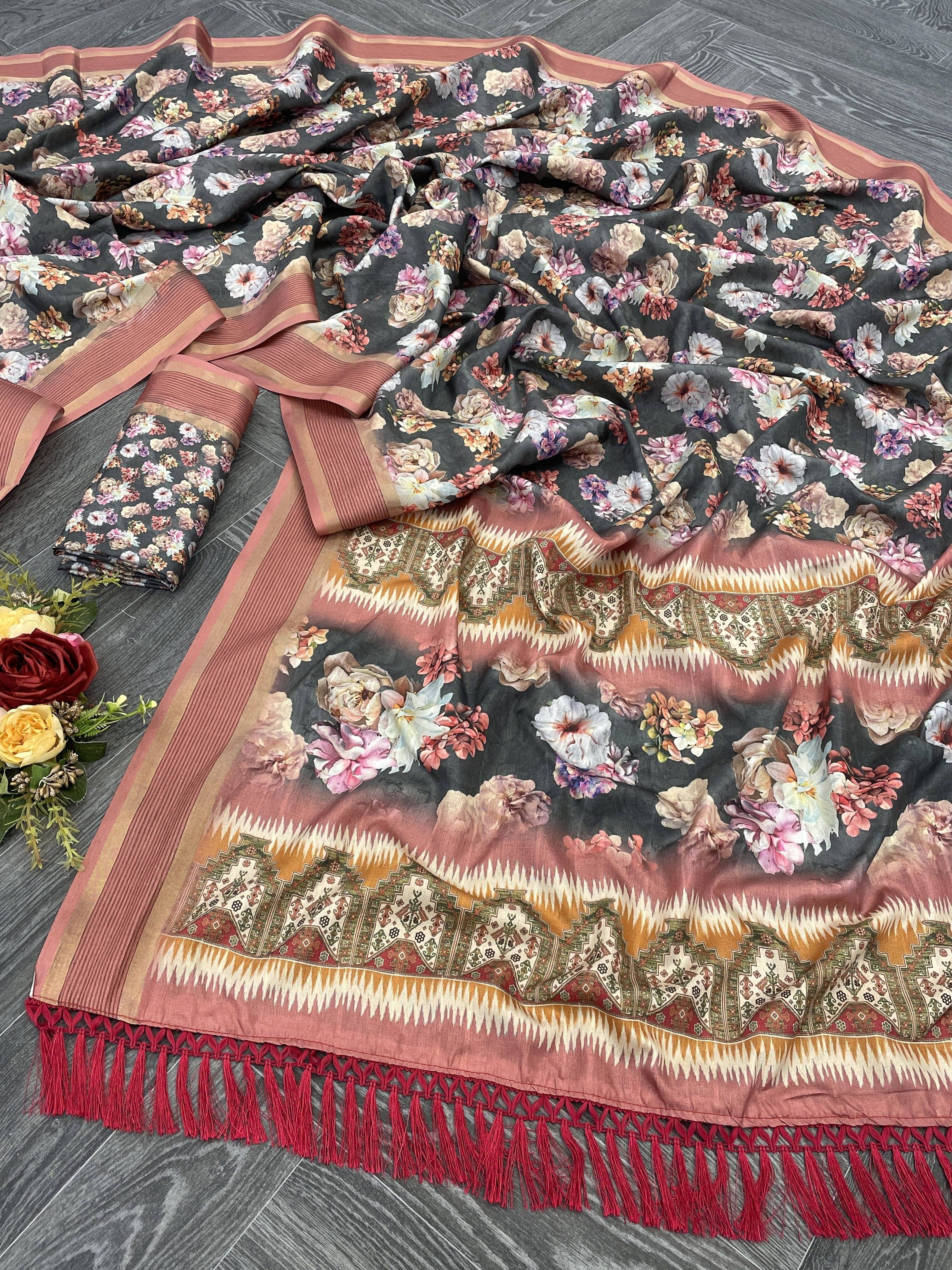     			Pionex Cotton Silk Printed Regular Saree With Unstitched Blouse Piece ( Black )