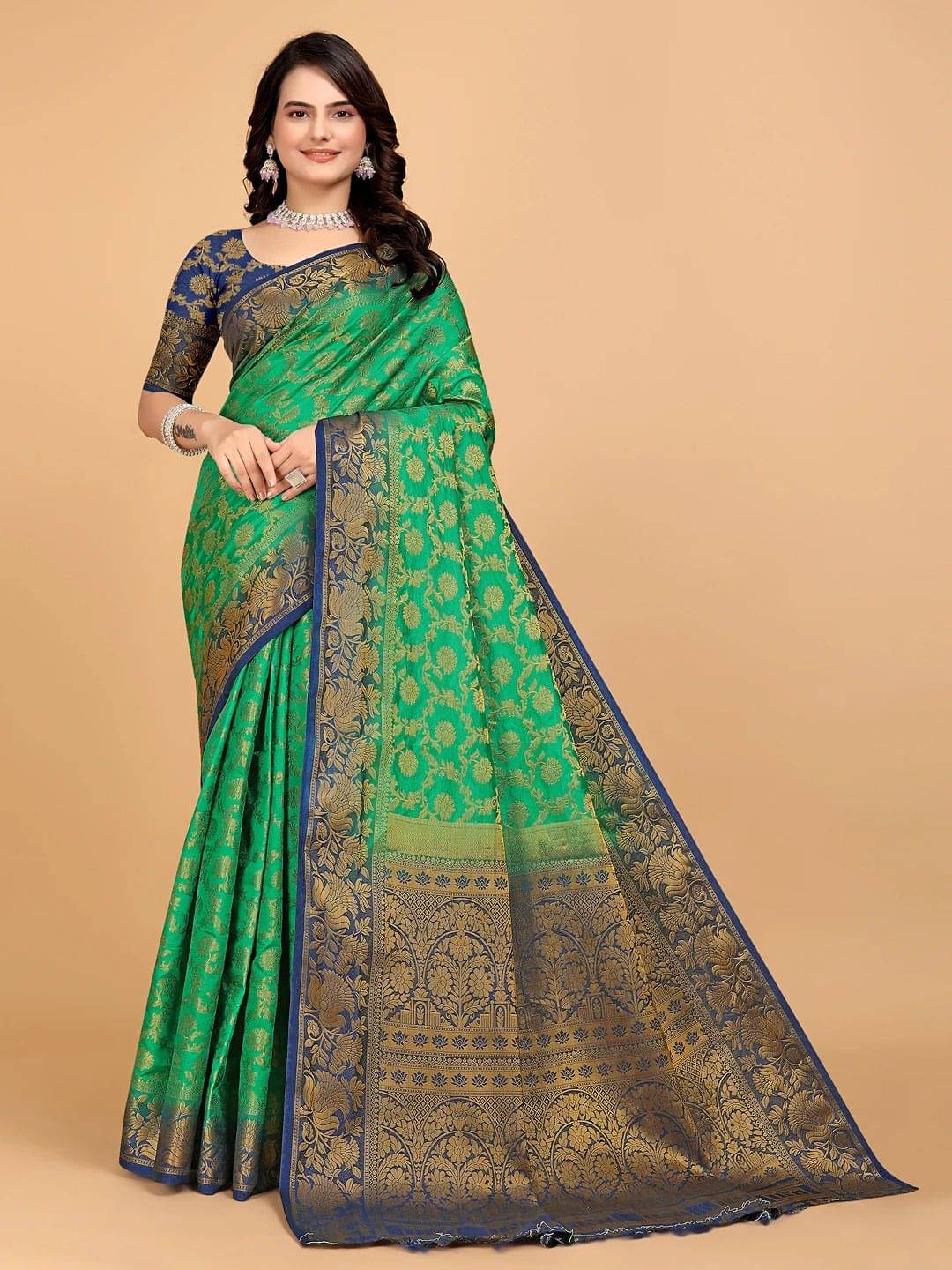     			Pionex Cotton Silk Woven Banarasi saree With Unstitched Blouse Piece ( Green )