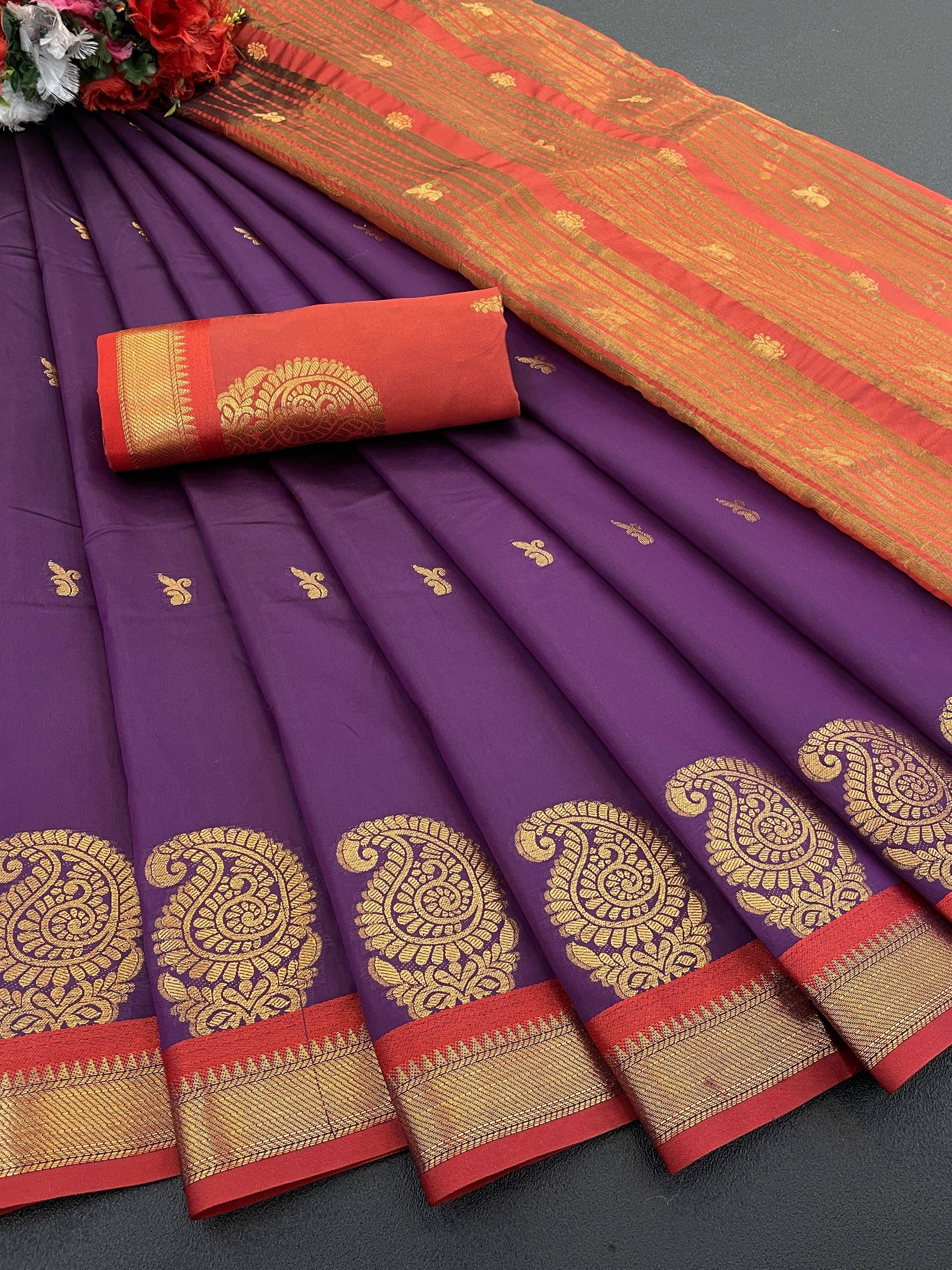 Pionex Cotton Silk Woven Banarasi saree With Unstitched Blouse Piece ( Purple ) Pionex Cotton Silk Woven Banarasi saree With Unstitched Blouse Piece ( Purple )