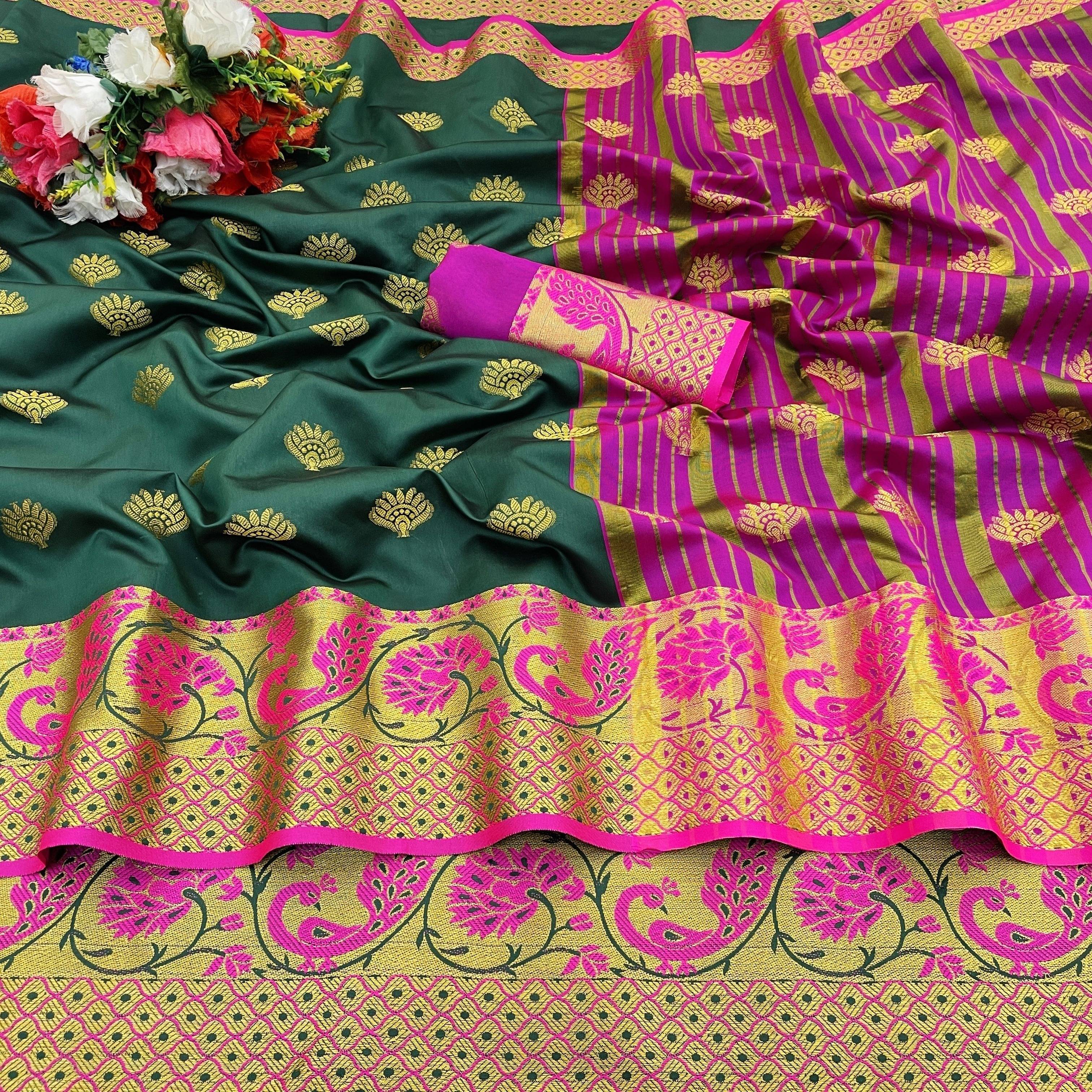 Pionex Cotton Silk Woven Banarasi saree With Unstitched Blouse Piece ( Green ) Pionex Cotton Silk Woven Banarasi saree With Unstitched Blouse Piece ( Green )
