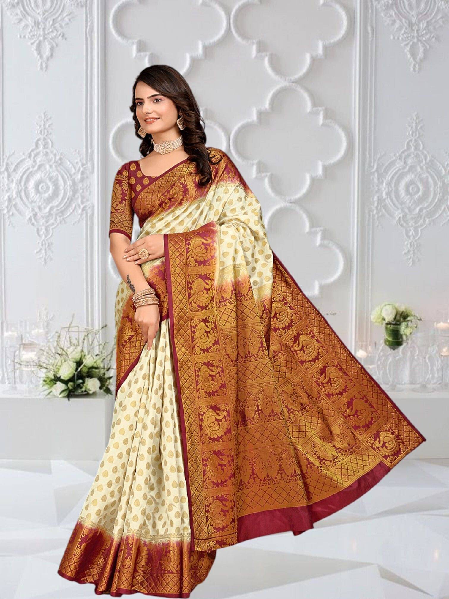     			Pionex Cotton Silk Woven Banarasi saree With Unstitched Blouse Piece ( White )