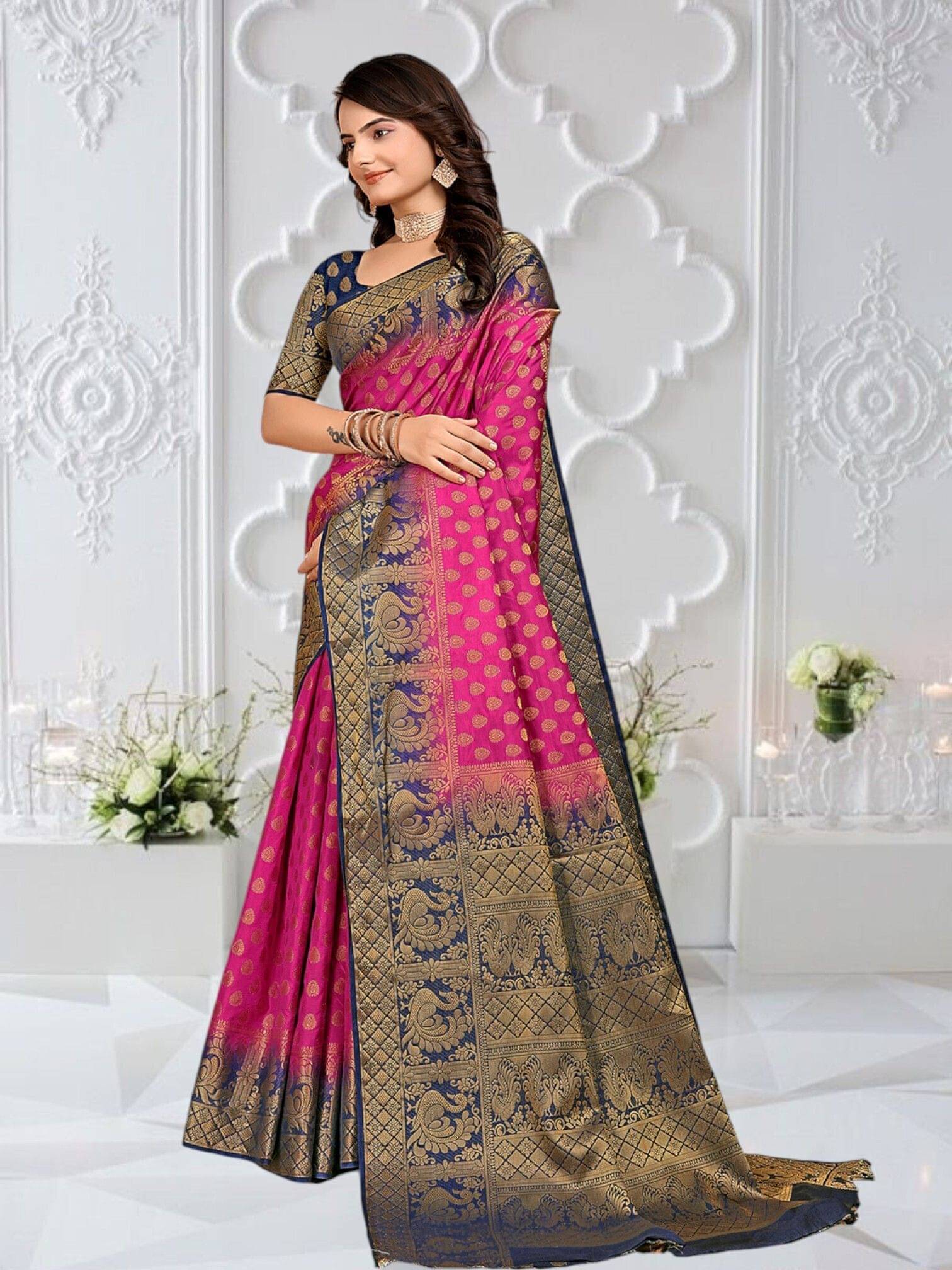 Pionex Cotton Silk Woven Banarasi saree With Unstitched Blouse Piece ( Pink ) Pionex Cotton Silk Woven Banarasi saree With Unstitched Blouse Piece ( Pink )