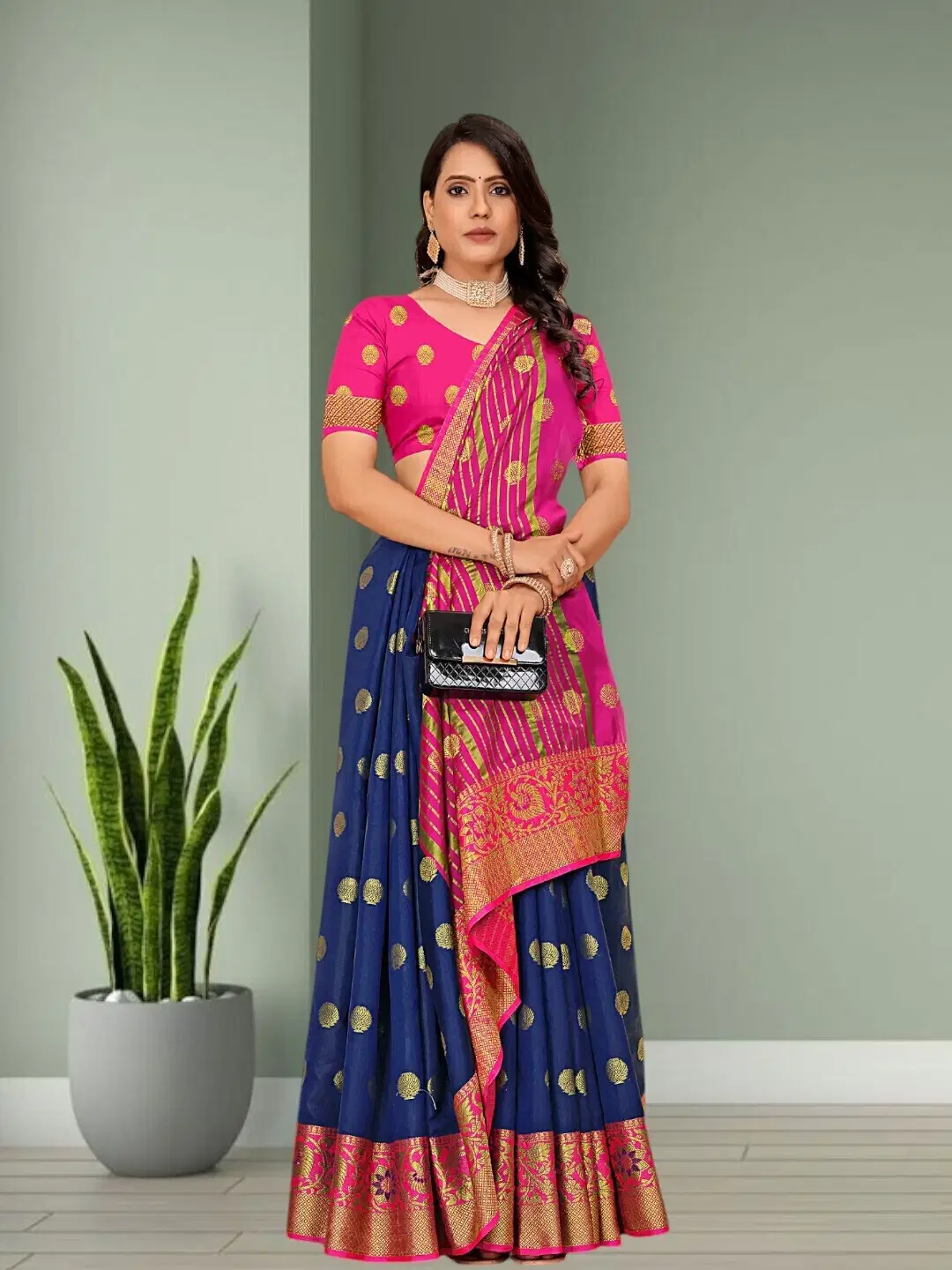     			Pionex Cotton Silk Woven Banarasi saree With Unstitched Blouse Piece ( Blue )