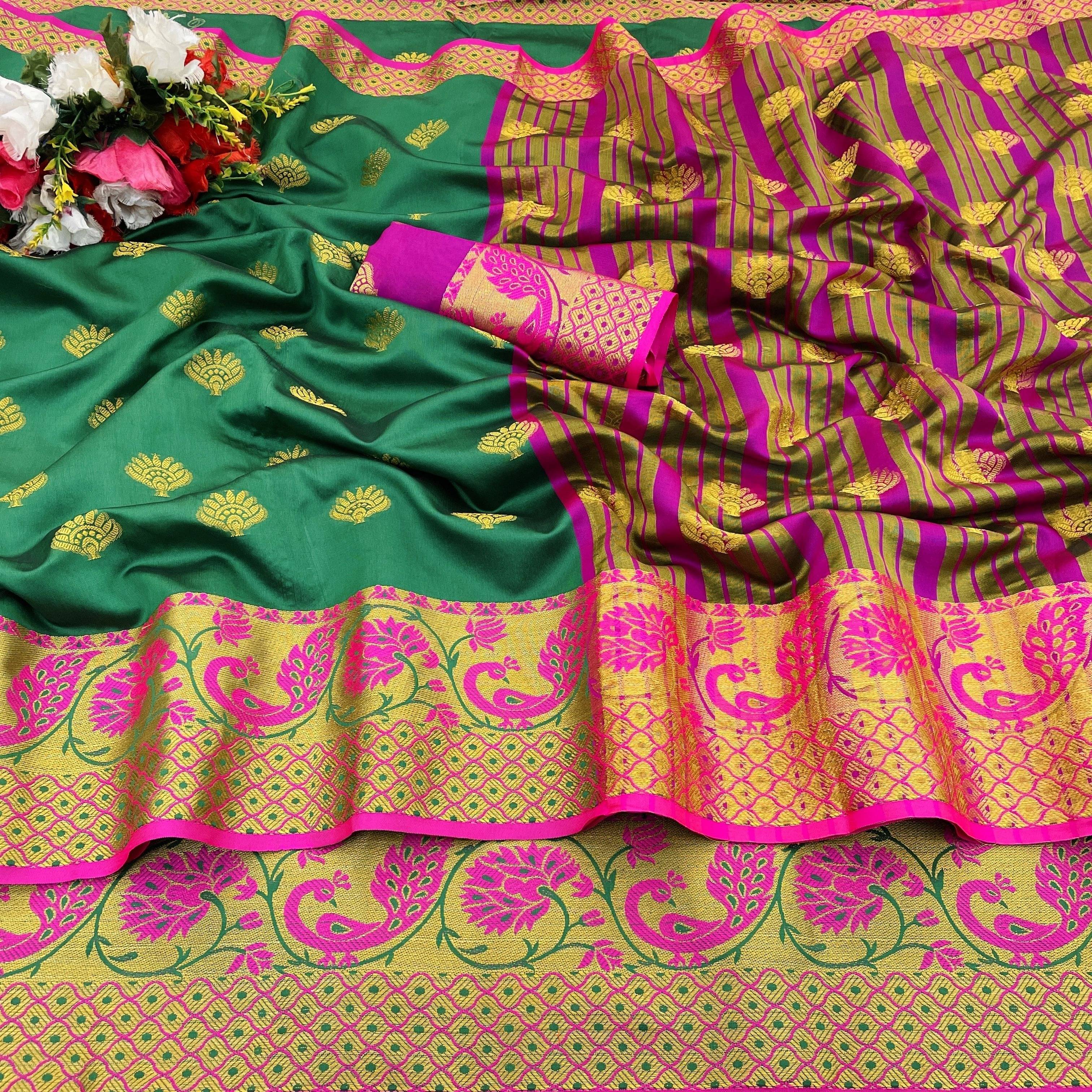 Pionex Cotton Silk Woven Banarasi saree With Unstitched Blouse Piece ( Green ) Pionex Cotton Silk Woven Banarasi saree With Unstitched Blouse Piece ( Green )