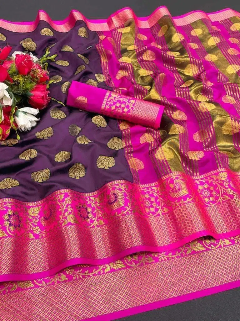 Pionex Cotton Silk Woven Banarasi saree With Unstitched Blouse Piece ( Purple ) Pionex Cotton Silk Woven Banarasi saree With Unstitched Blouse Piece ( Purple )