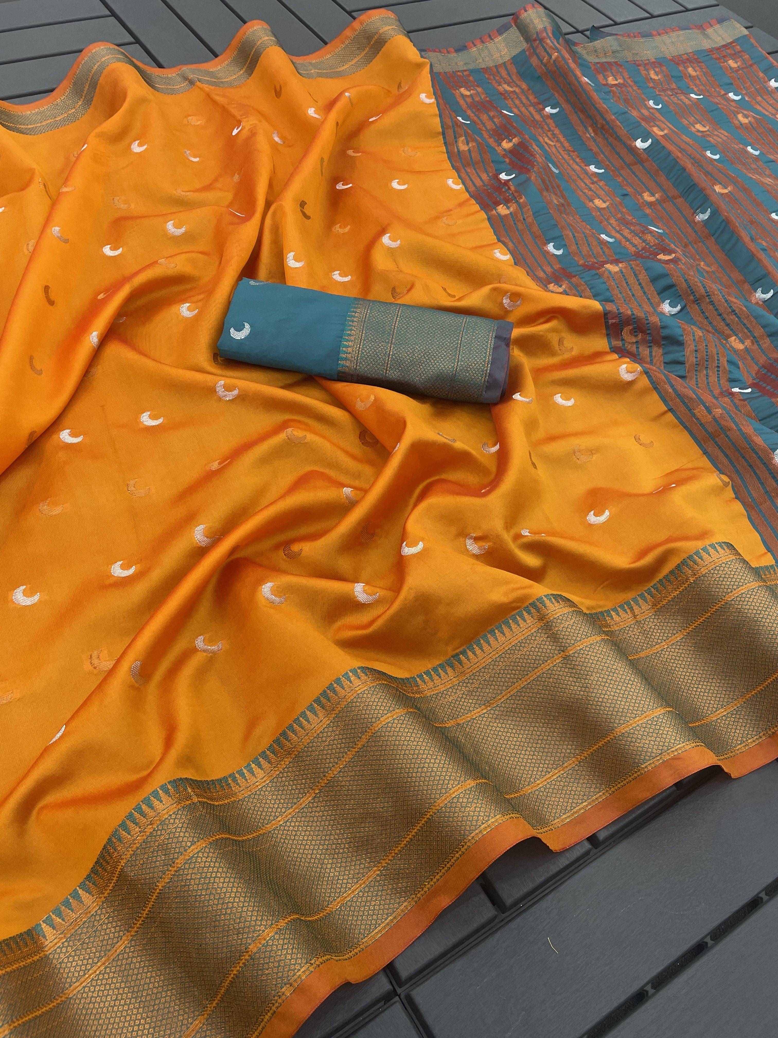 Pionex Cotton Silk Woven Paithani Sarees With Unstitched Blouse Piece ( Orange ) Pionex Cotton Silk Woven Paithani Sarees With Unstitched Blouse Piece ( Orange )